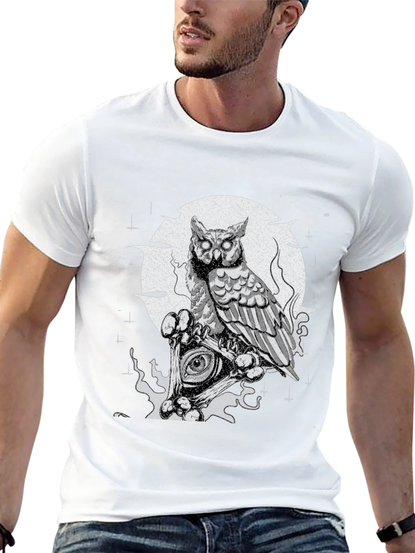 Owl & All-Seeing Eye Graphic Print Black T-Shirt