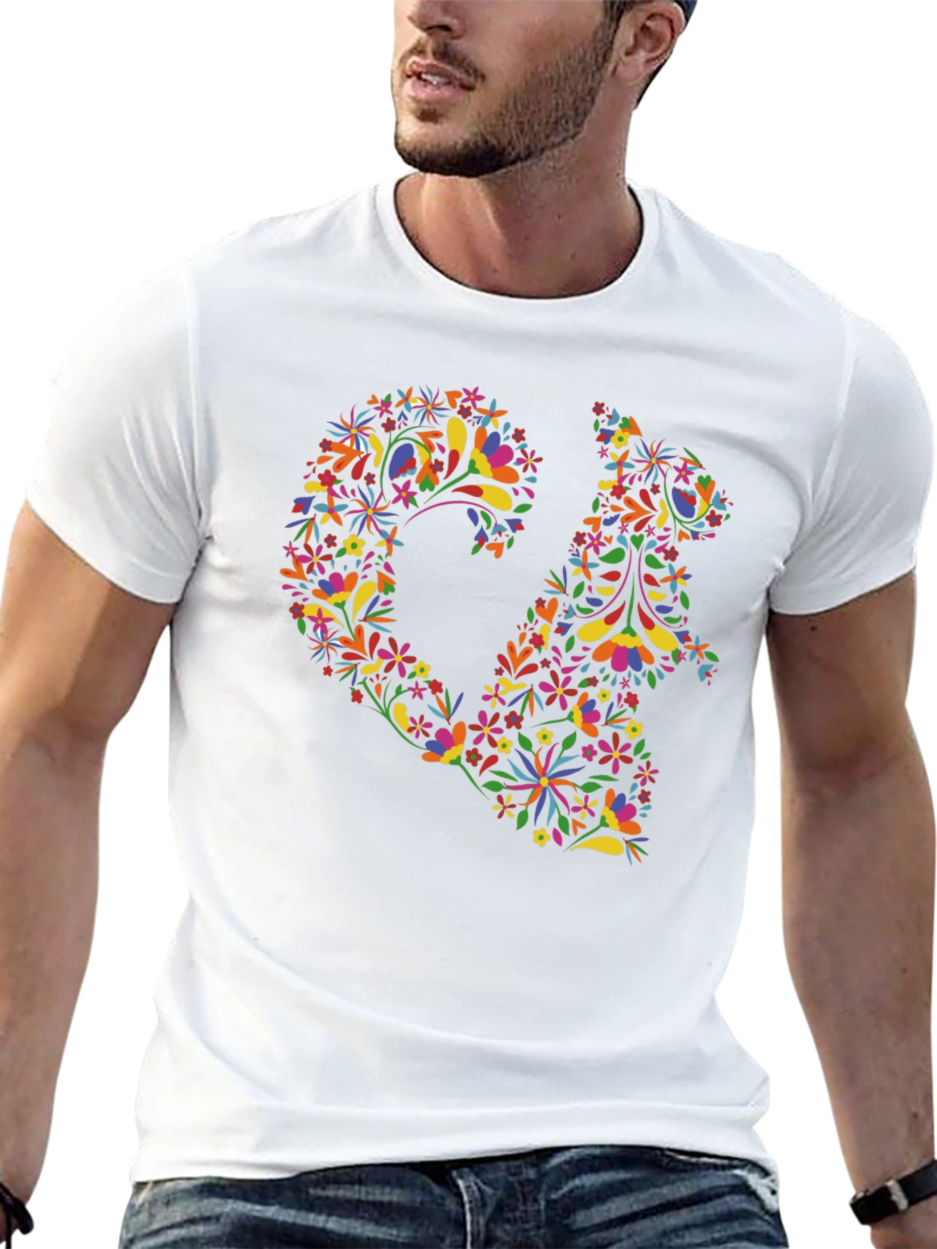 Floral Squirrel Print Black T-Shirt