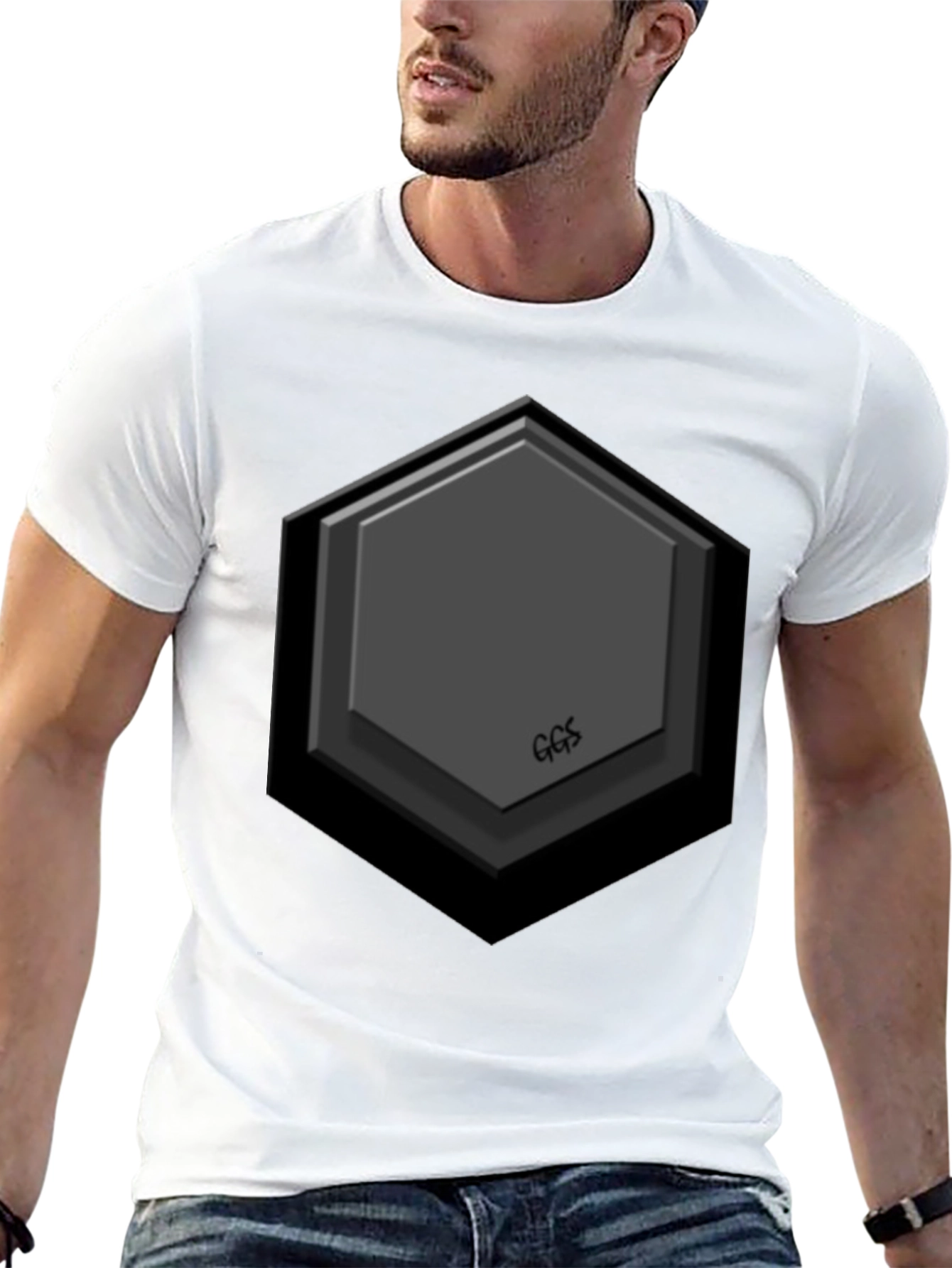 Hexagon Embossed Black T-Shirt - Modern Geometric Design