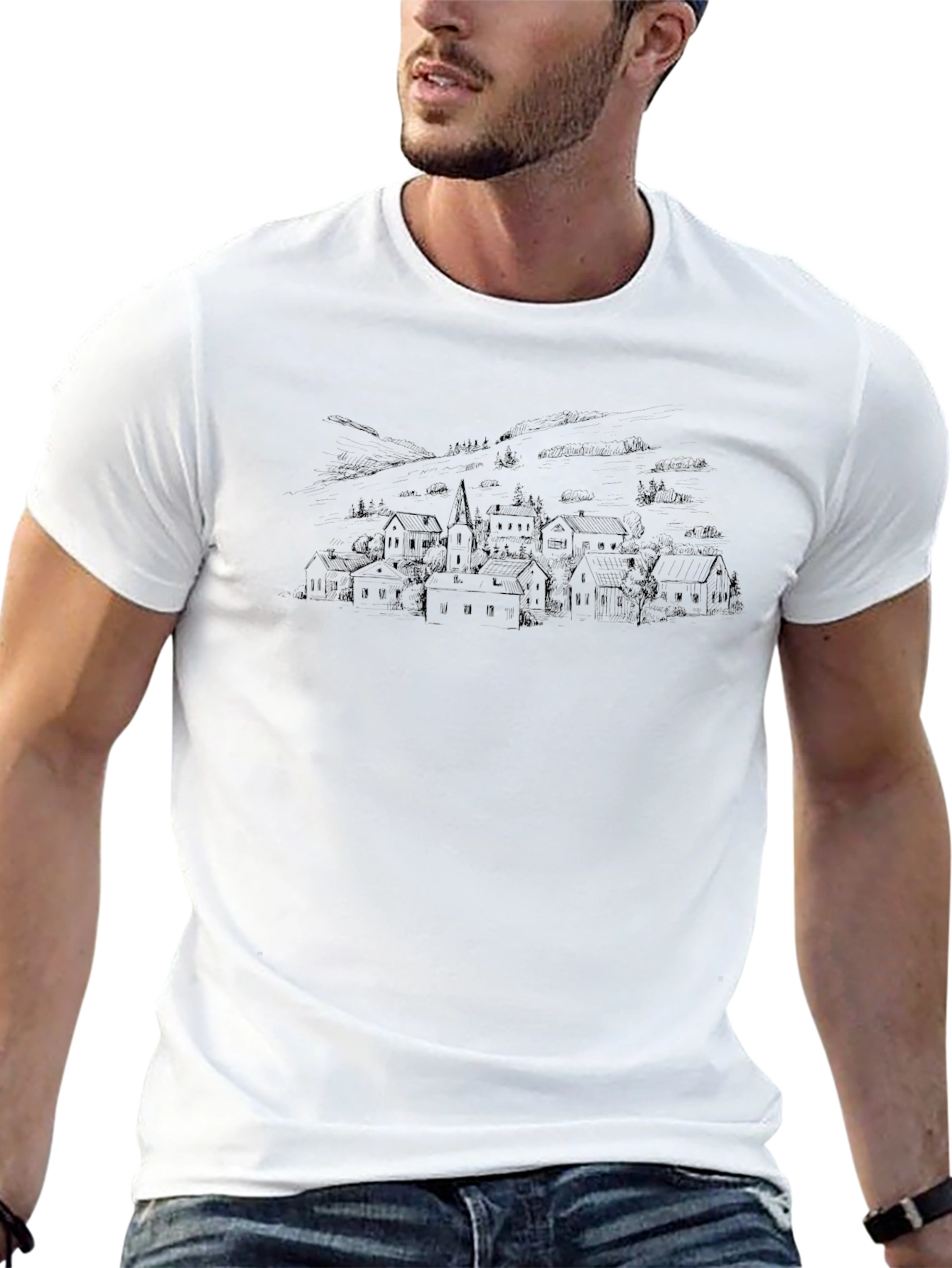 Village Sketch Tee - Classic Black Cotton