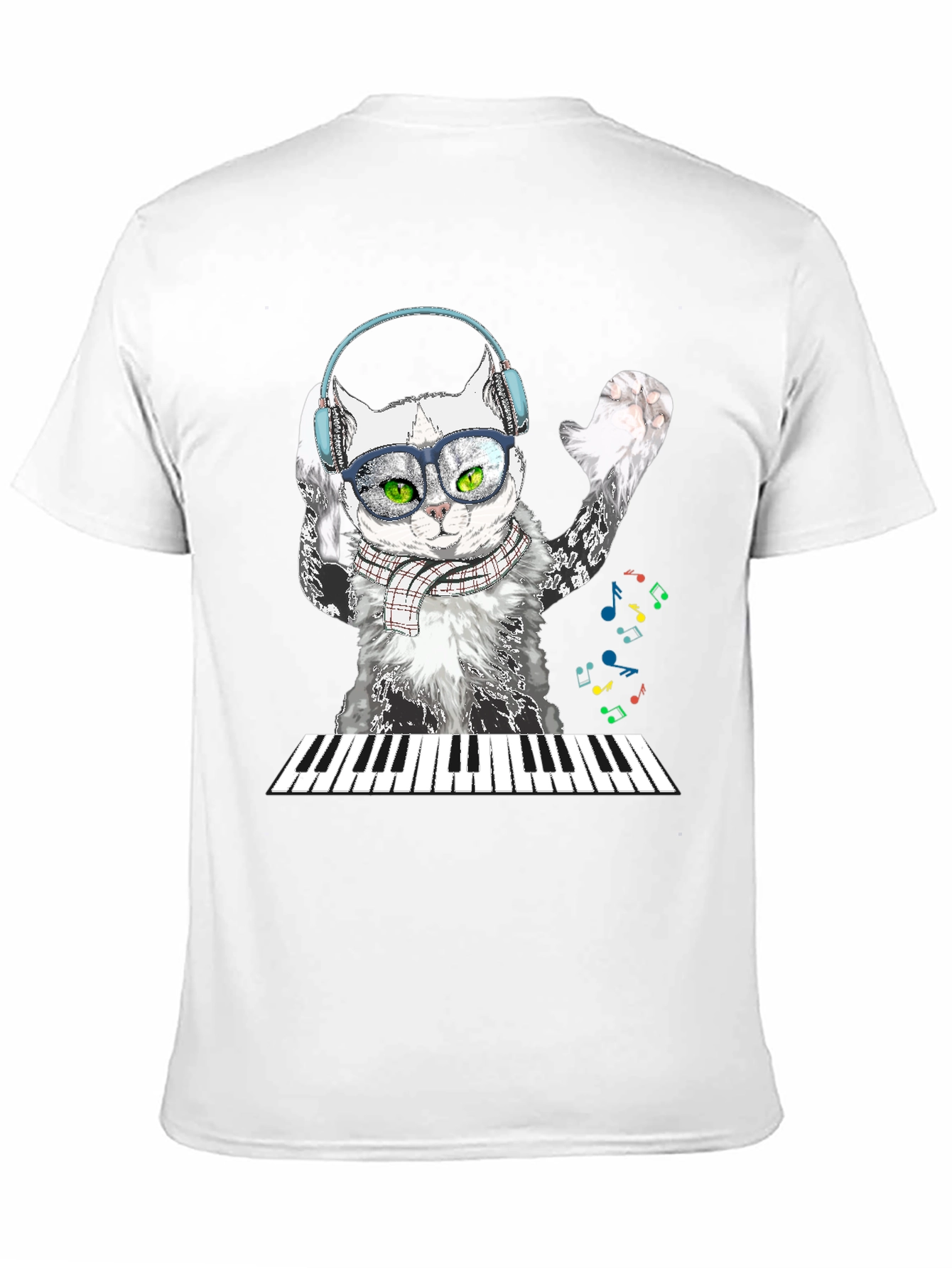 Cat Pianist Graphic Tee - Black Cotton T-Shirt