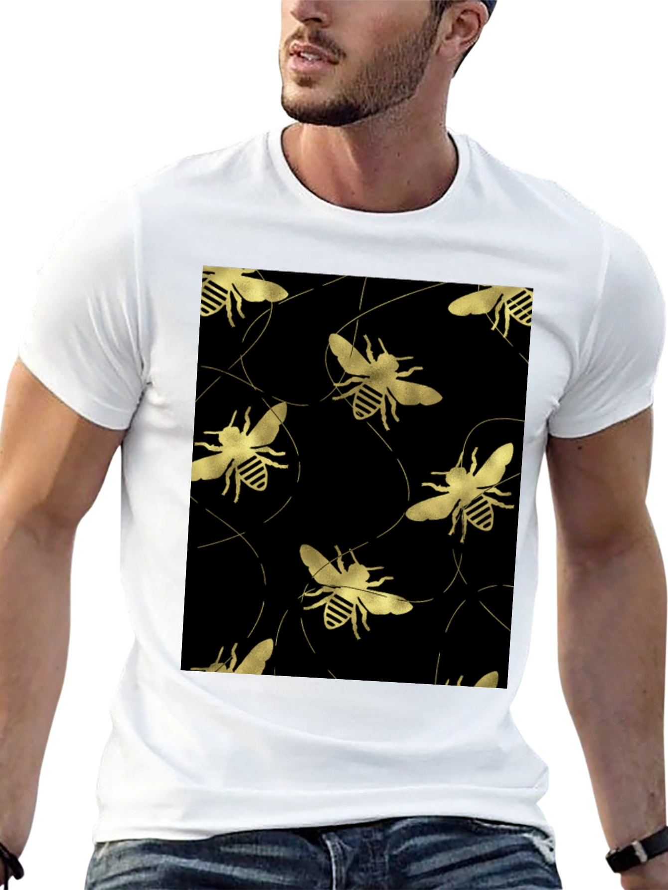 Golden Bee Pattern Black T-Shirt