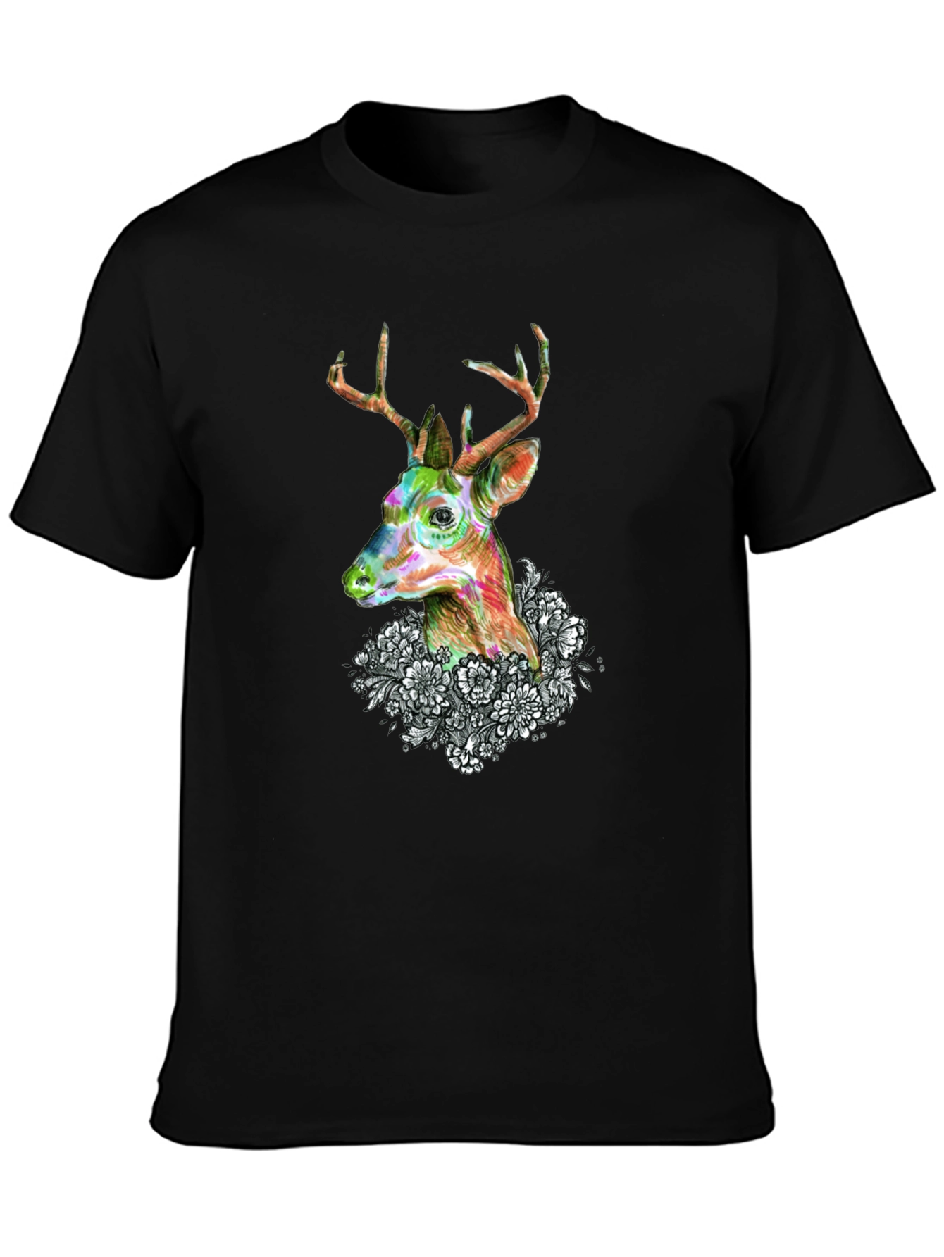 Deer Floral Graphic Black T-Shirt