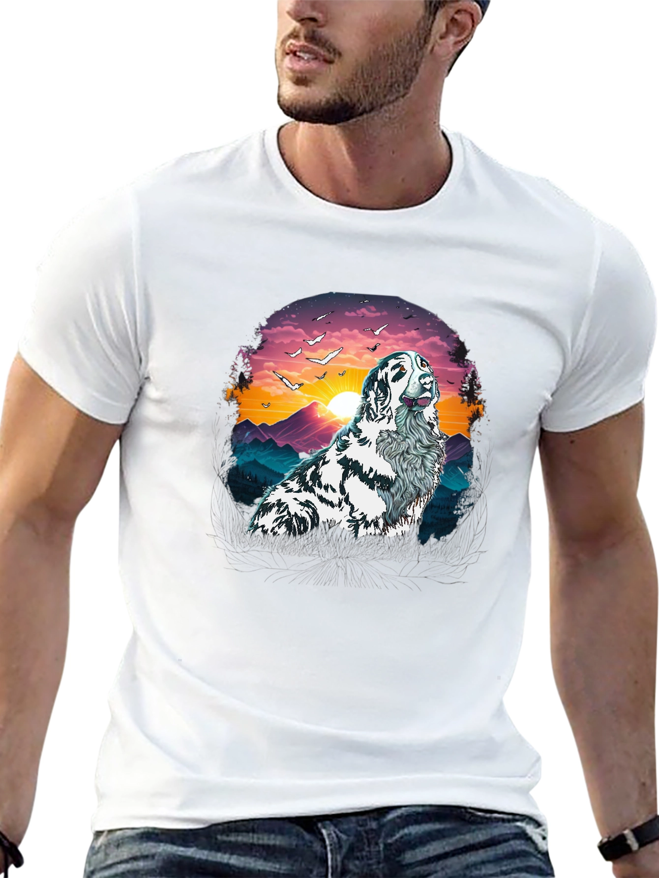 Dog Sunset T-Shirt | Mens Crew Neck Tee