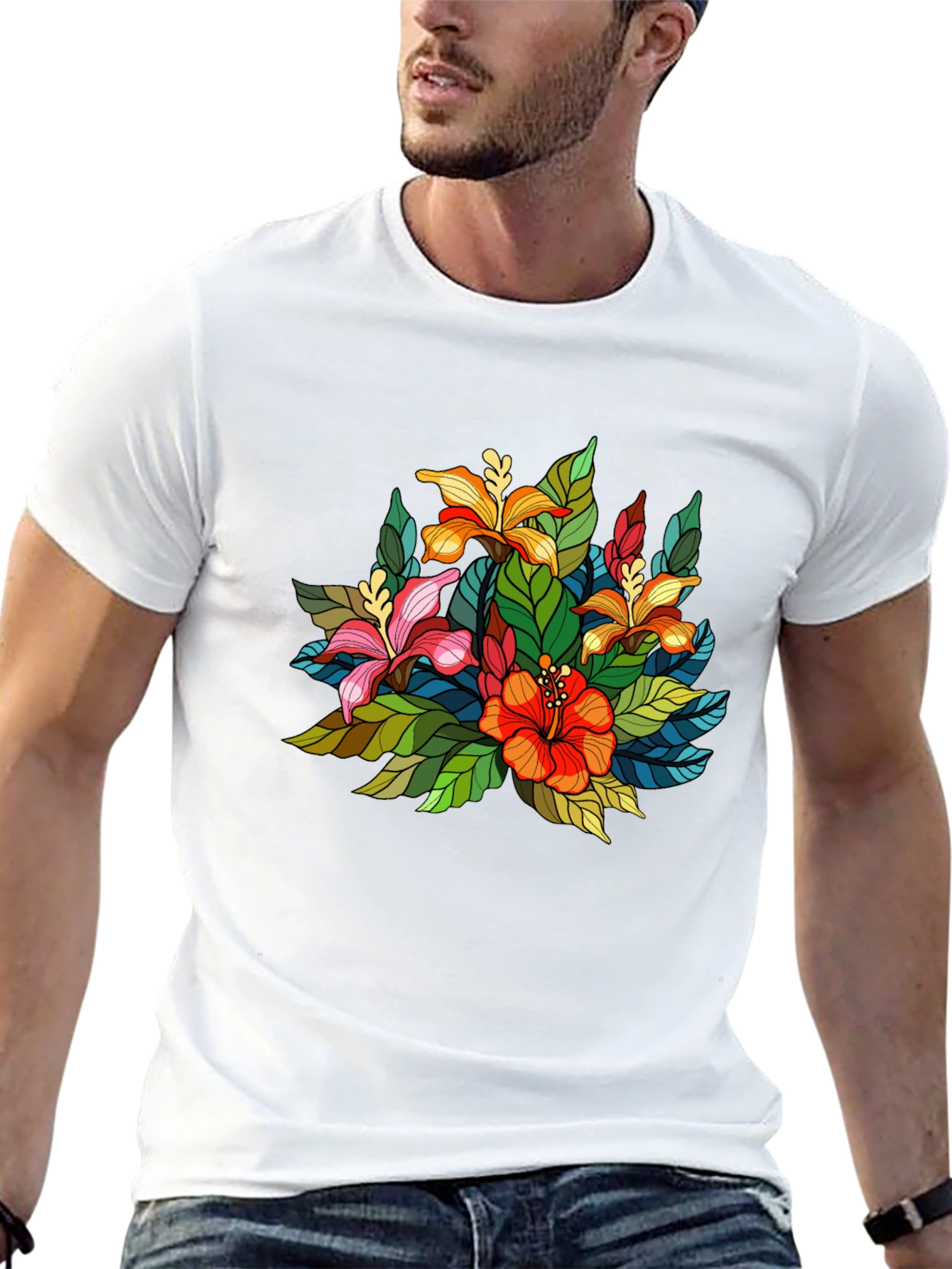 Floral Print Mens Black Tee