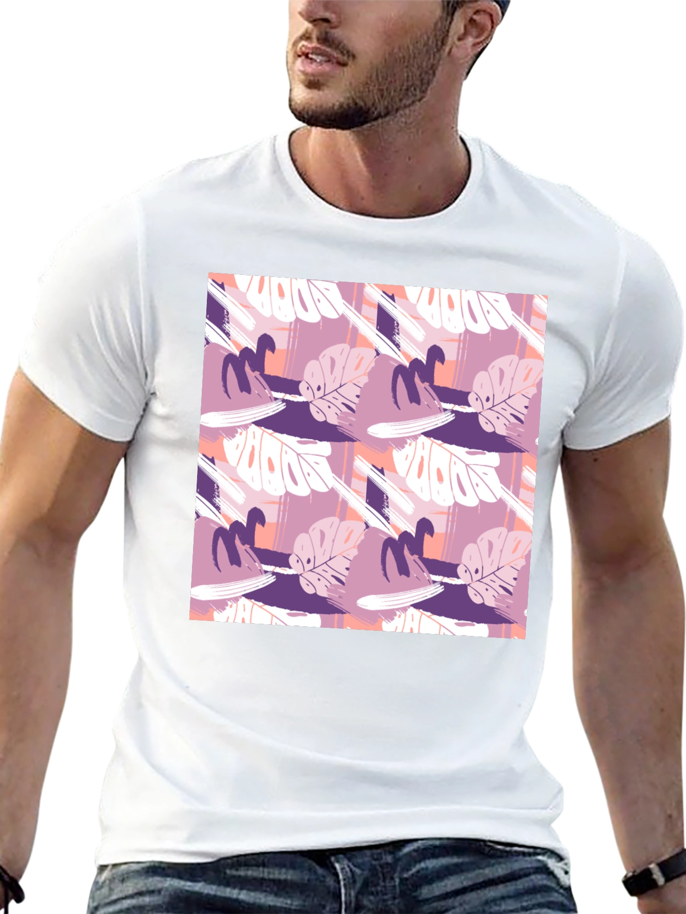 Modern Tropical Leaf Pattern Black T-Shirt