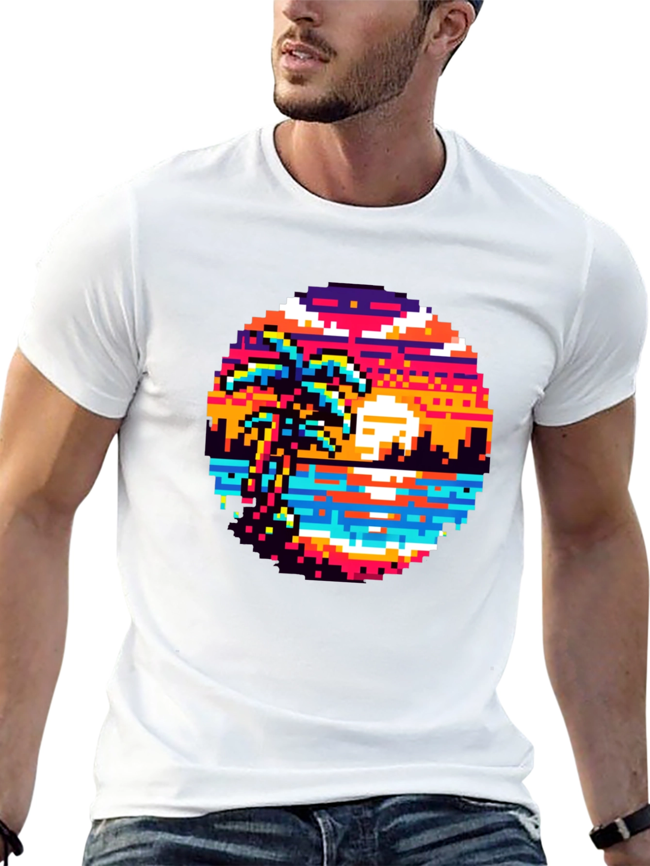 Retro Pixel Art Sunset T-Shirt - Palm Tree Design