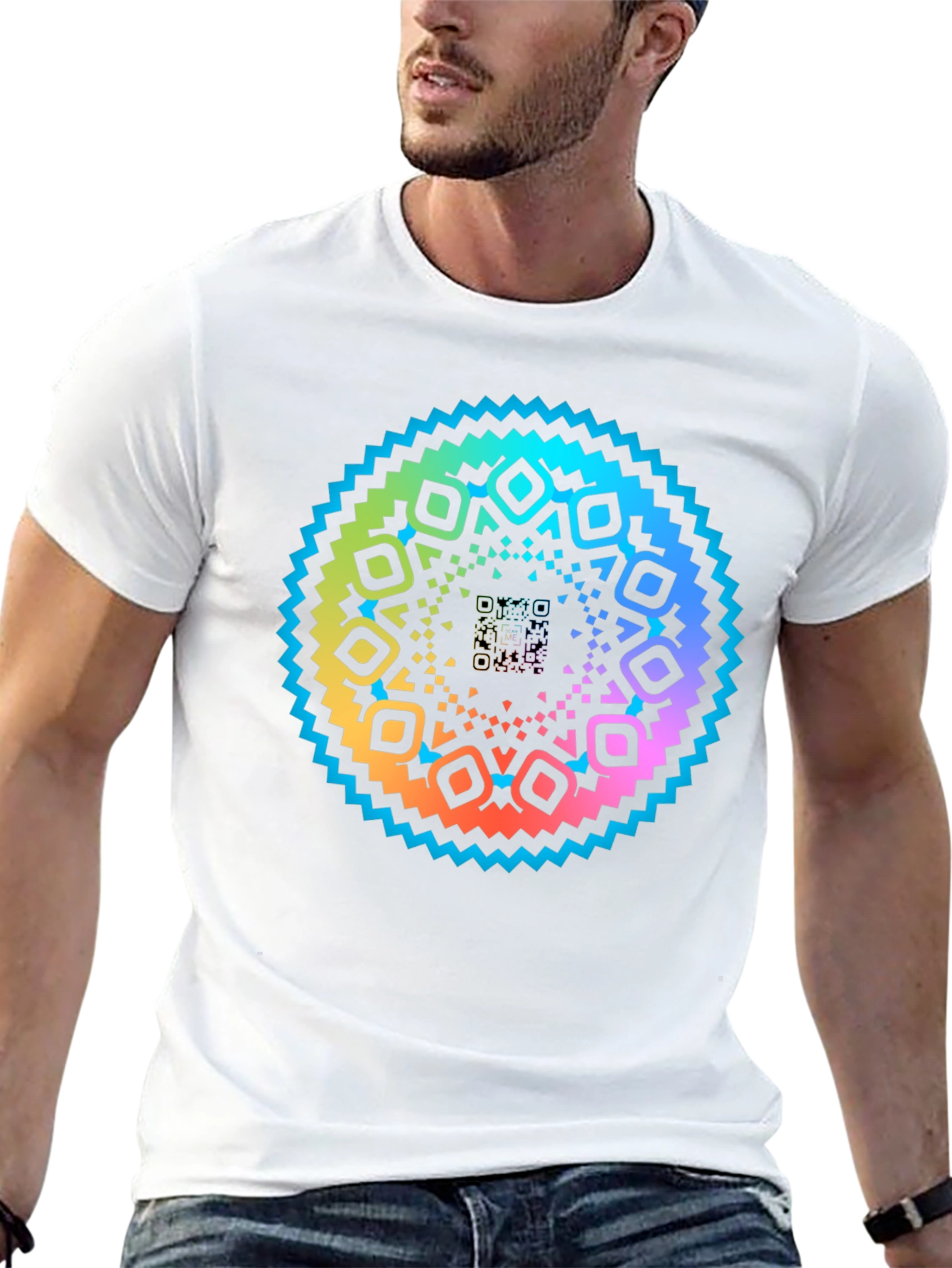 Rainbow Mandala QR Code Black T-Shirt