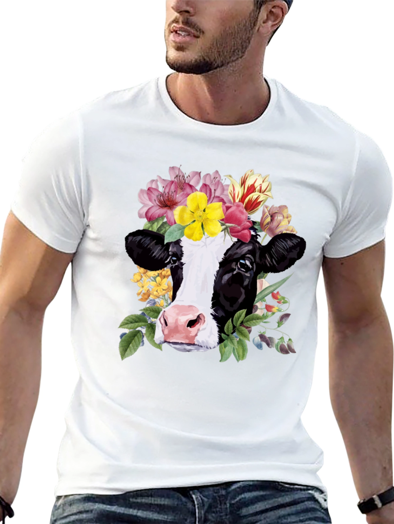 Floral Cow Graphic Tee - Unisex Black T-Shirt