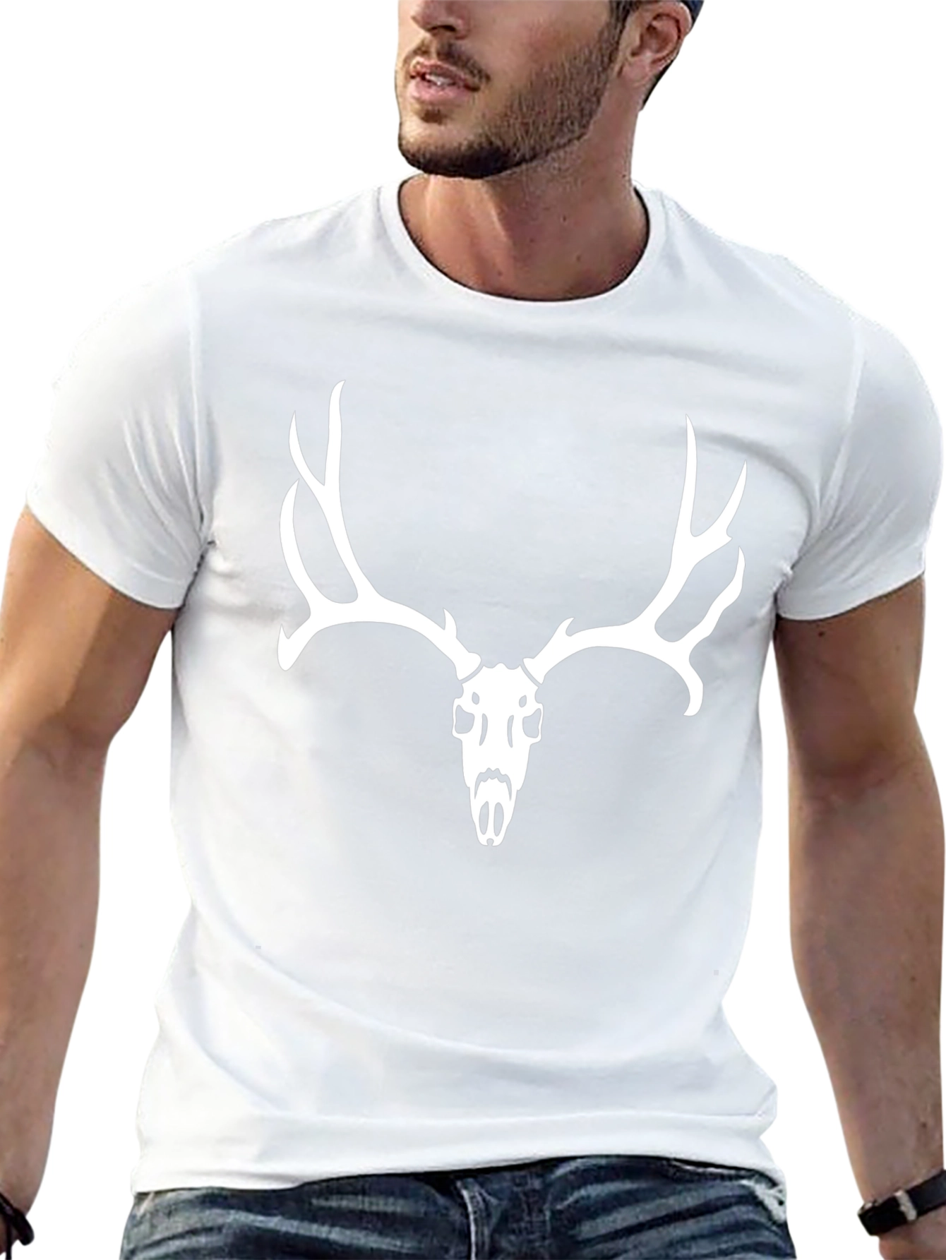 Black T-Shirt with White Deer Skull Graphic