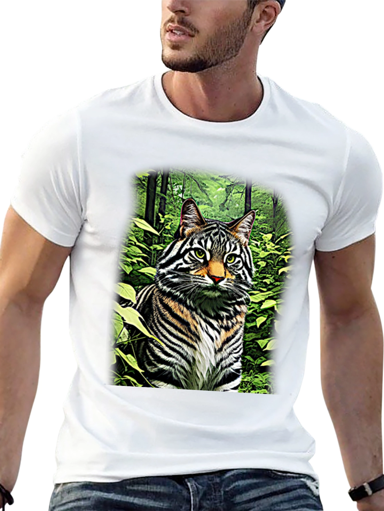 Striking Cat in Forest T-Shirt - Unique Design!