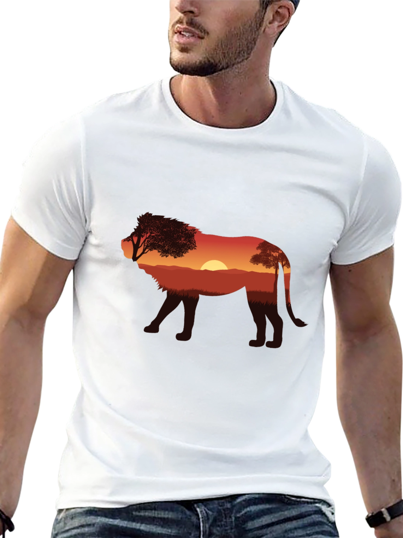 Sunset Lion Graphic Tee - Nature Inspired Black T-Shirt