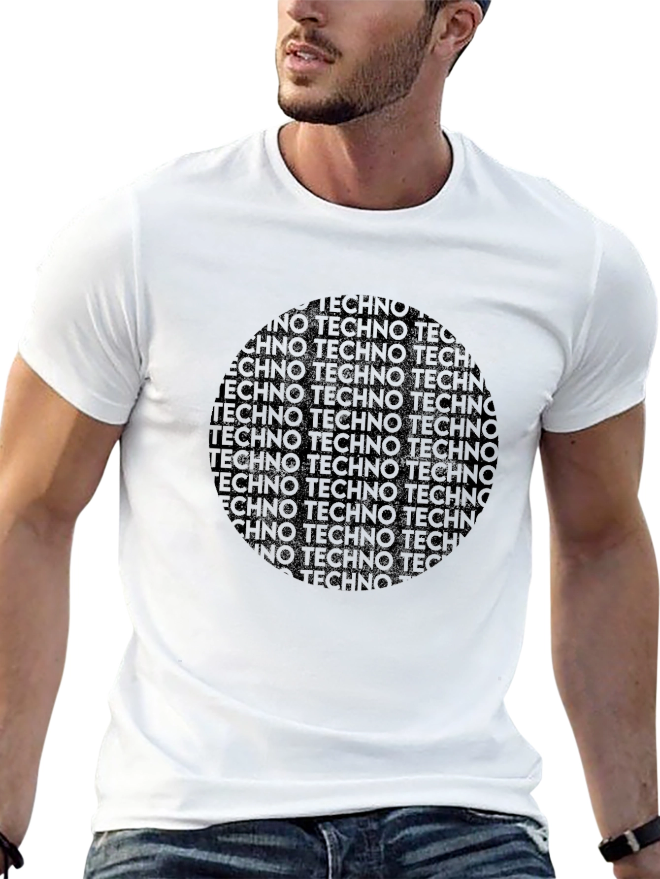Black Techno Music Graphic Print Crew Neck T-Shirt