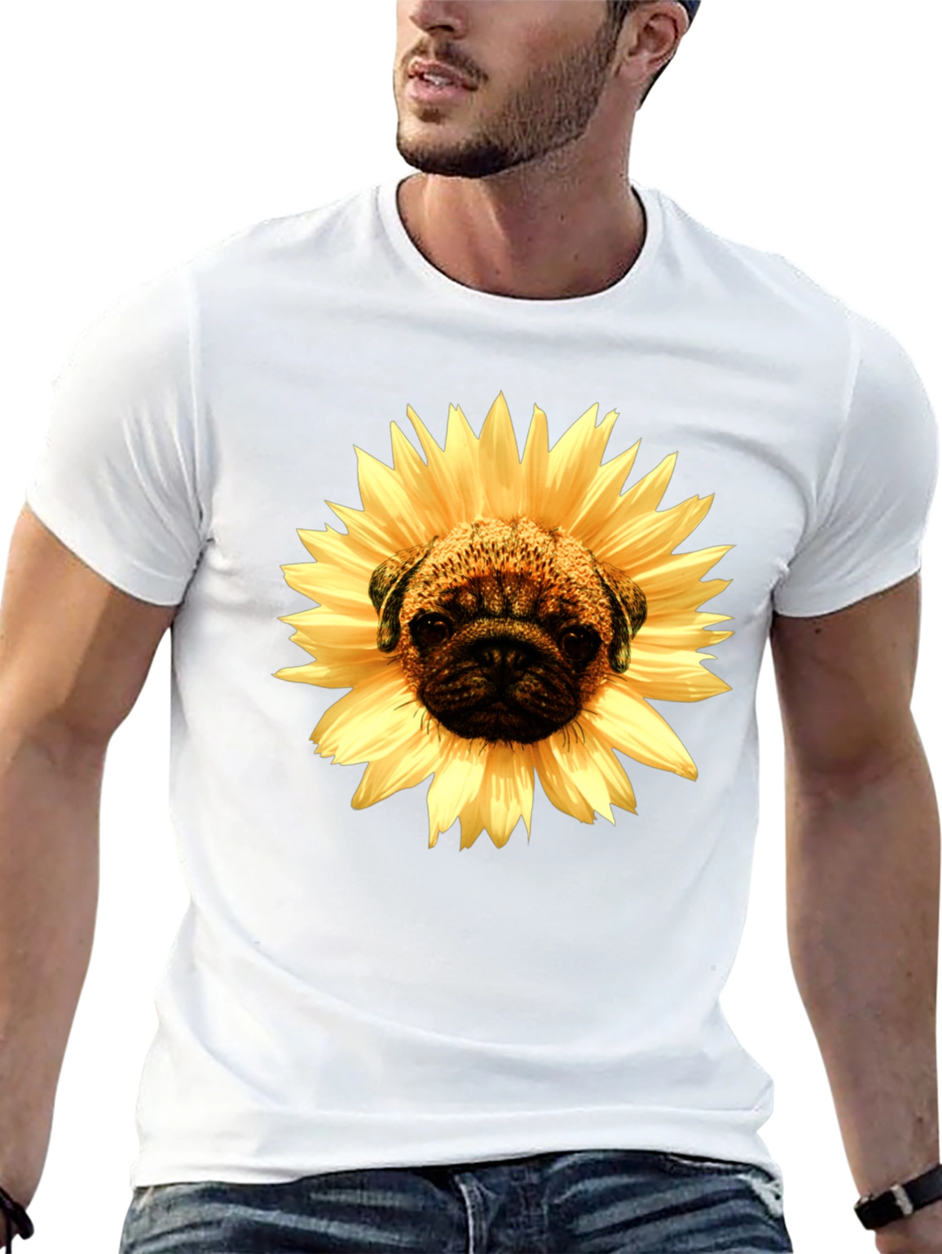 Sunflower Pug Graphic Tee - Mens Black T-Shirt