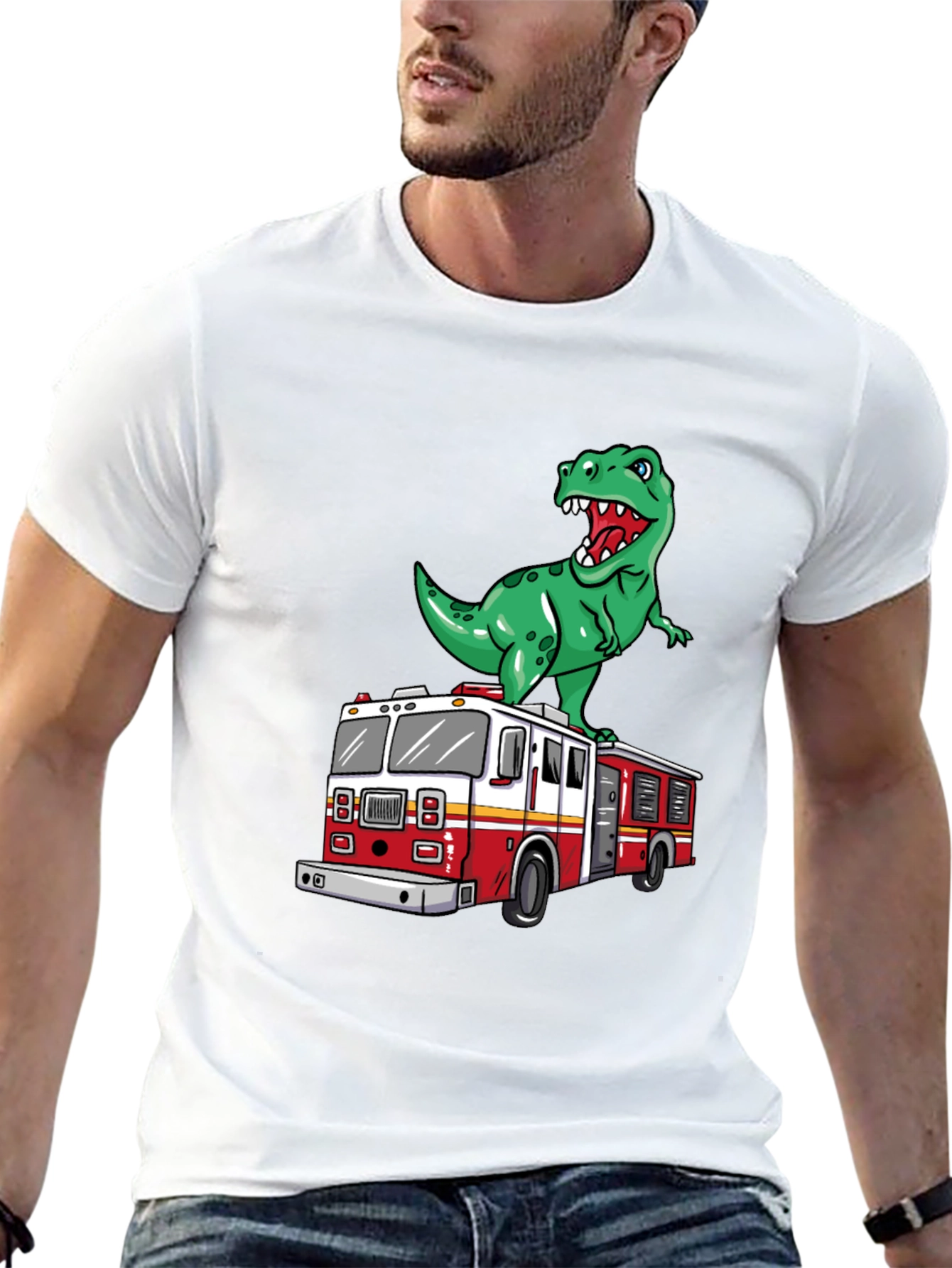 Dino Fire Truck T-Shirt - Fun Cartoon Graphic Tee