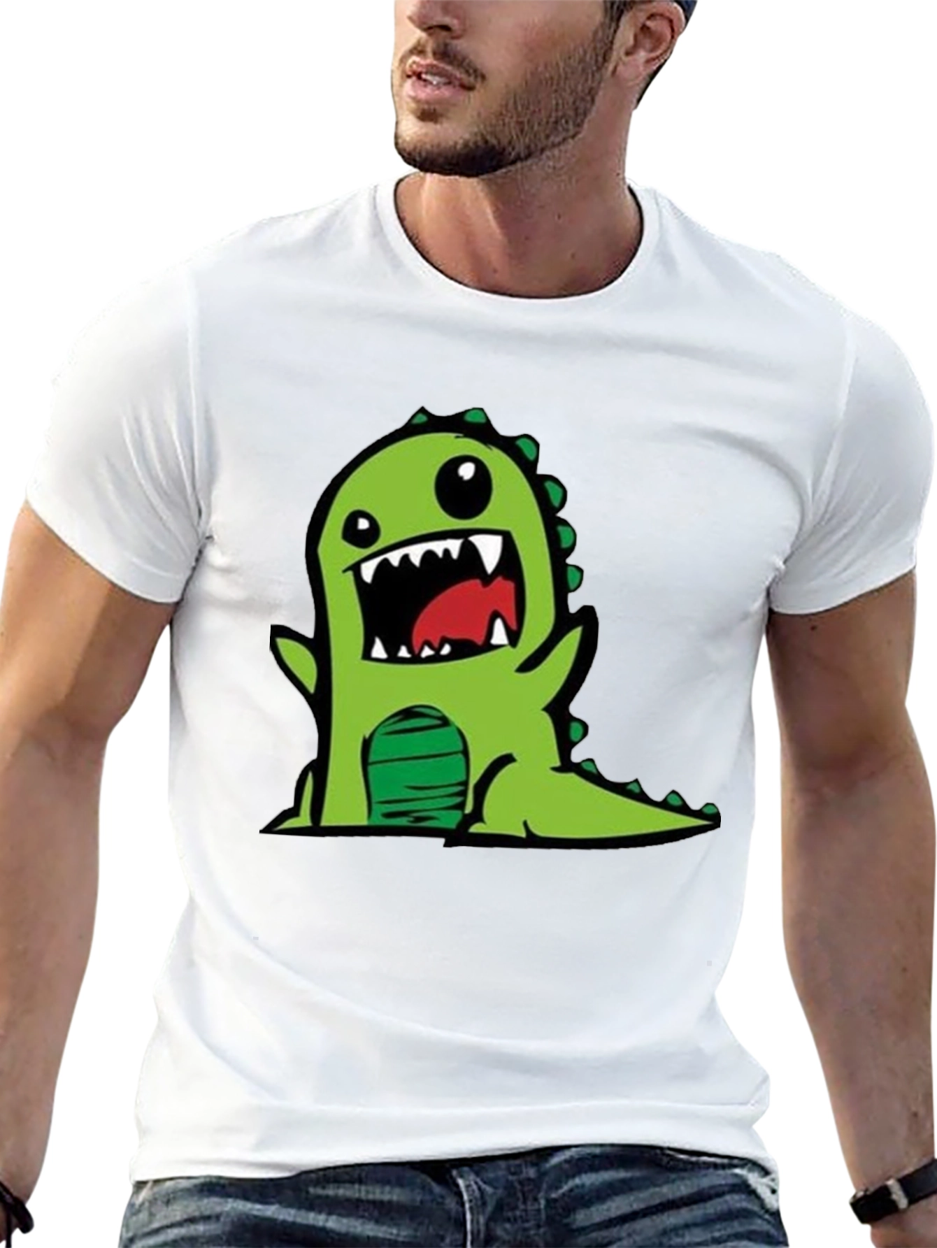 Cartoon Dinosaur Graphic Tee - Black Cotton T-Shirt