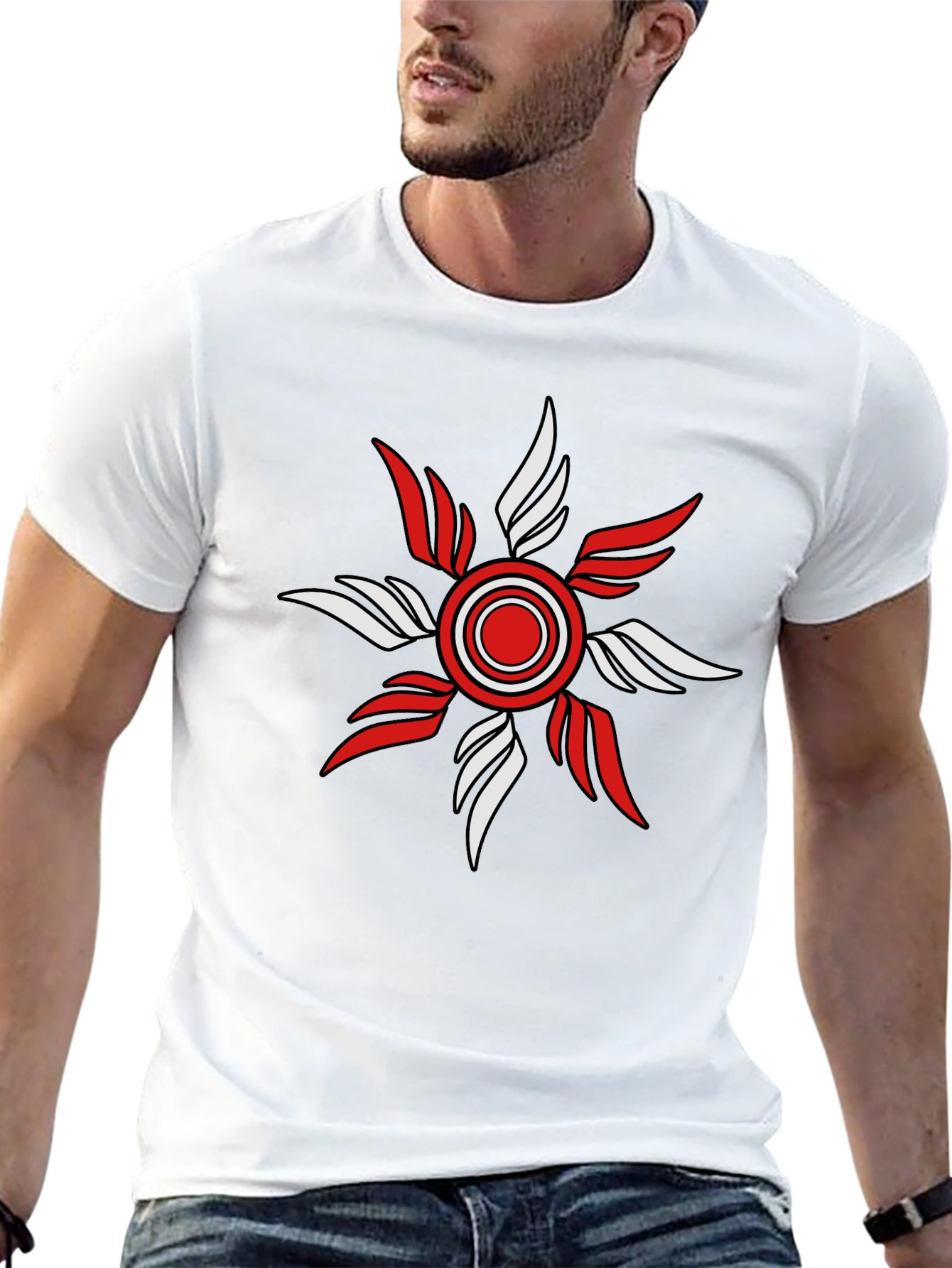 Mens Black T-Shirt with Red and White Emblem