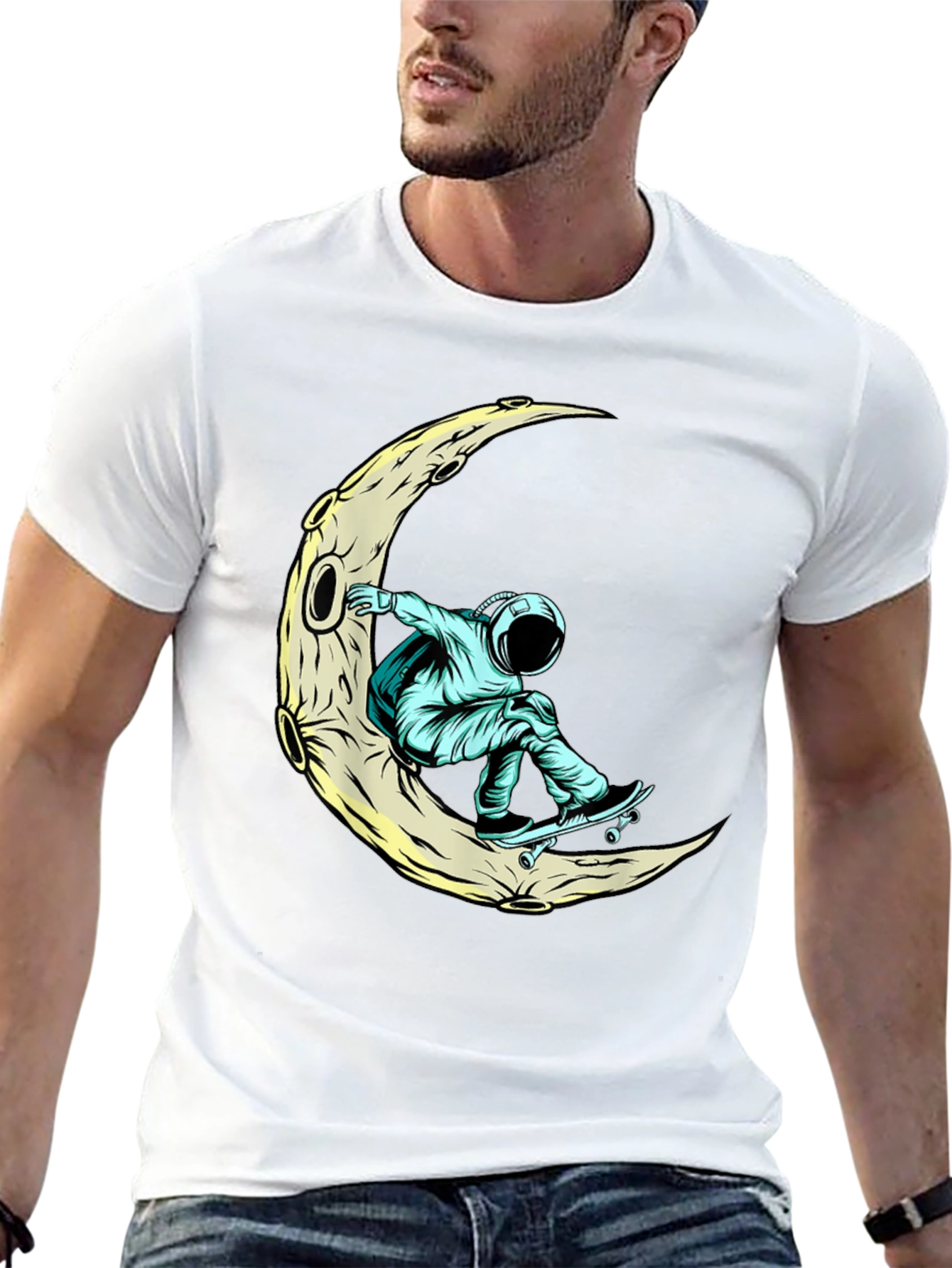 Skateboarding Astronaut Moon Graphic Tee