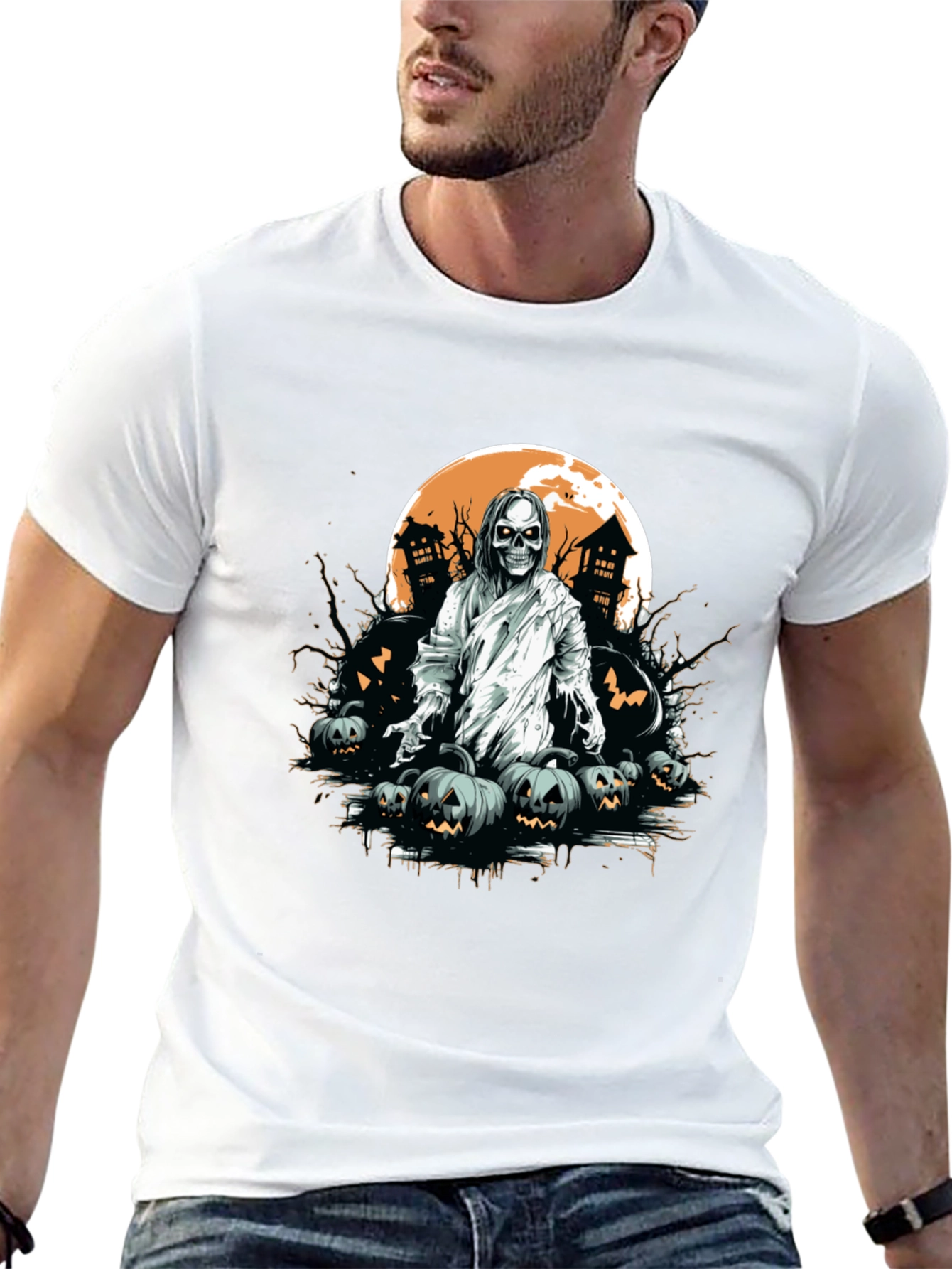 Spooky Halloween Graphic Tee - Ghost & Pumpkins