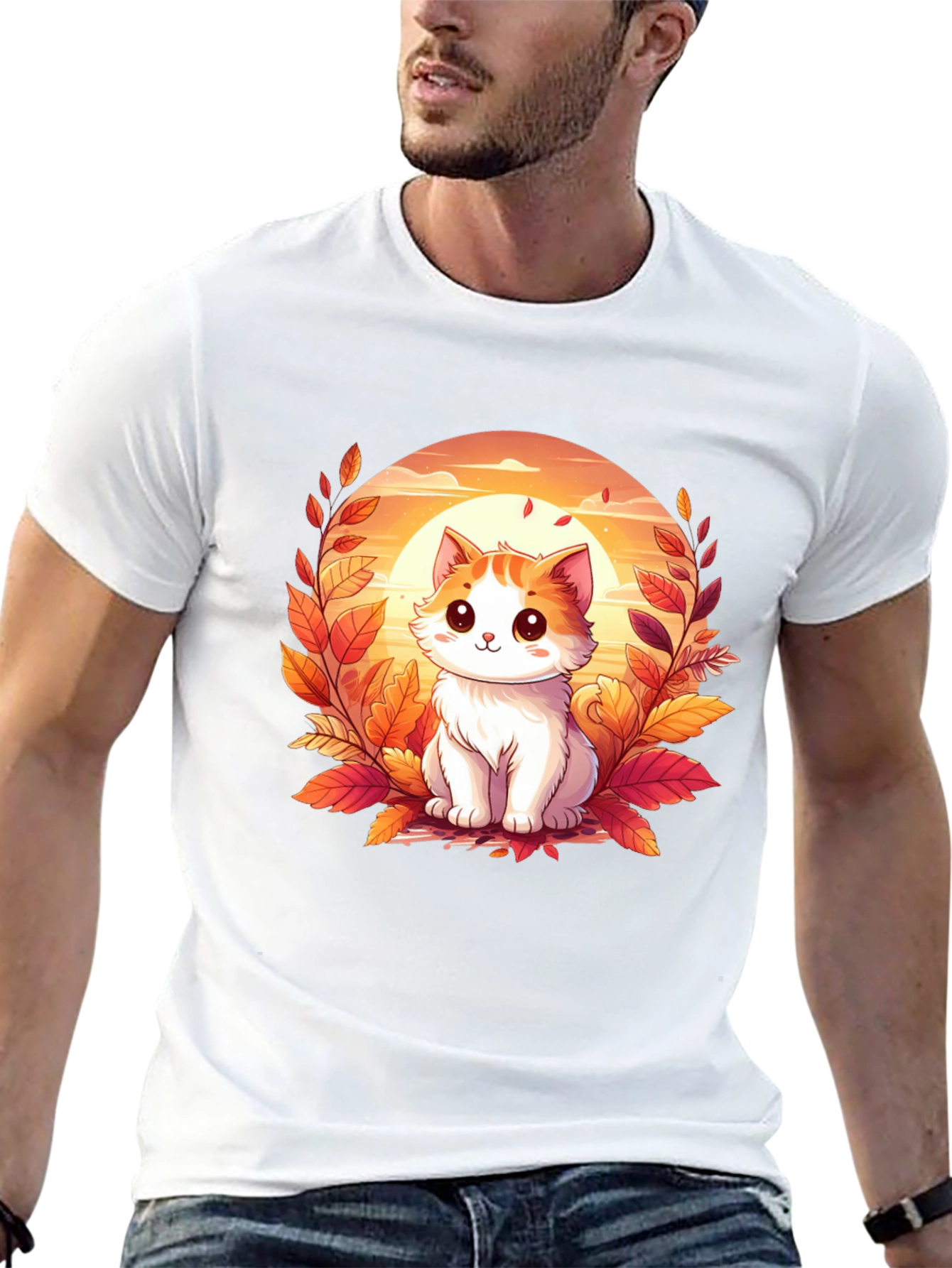 Cute Cat Fall Leaves Graphic T-Shirt