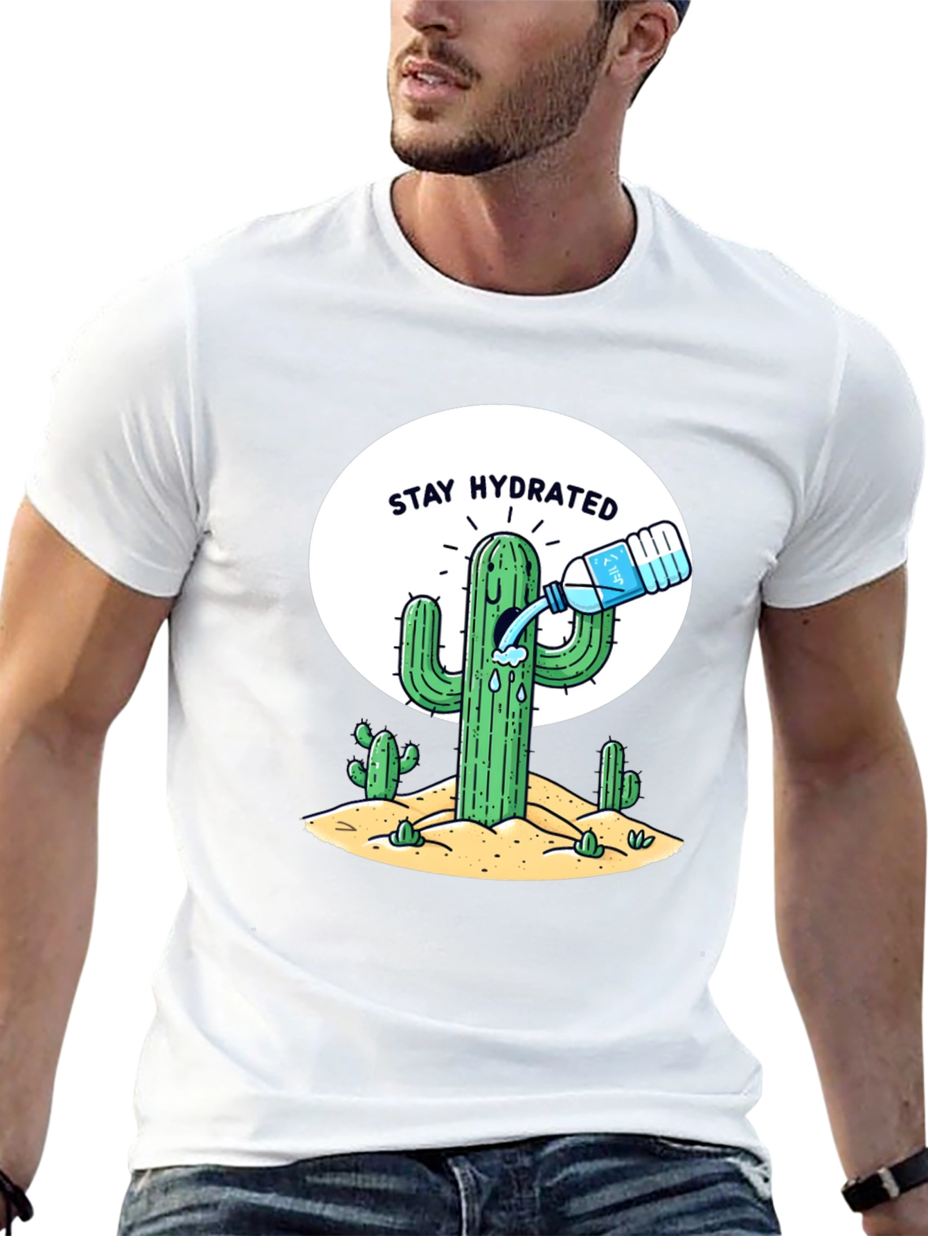 Stay Hydrated Cactus Graphic Tee - Black Cotton T-Shirt