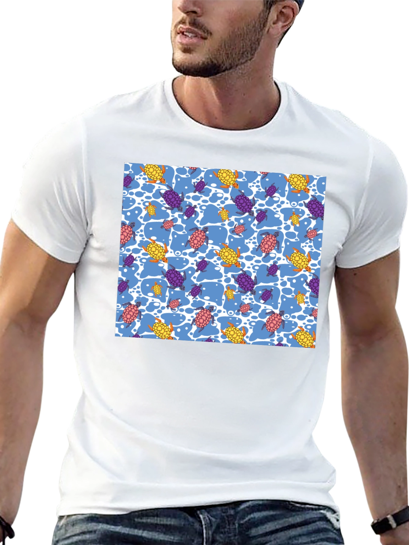 Turtle Pattern Tee - Black Crew Neck Casual Shirt
