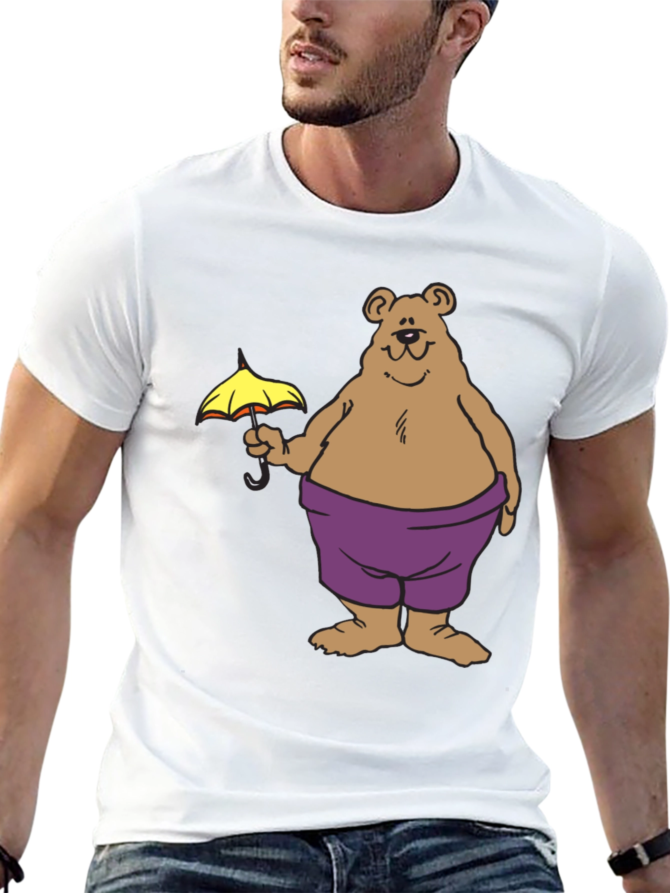 Bear with Umbrella Graphic Tee - Black Cotton T-Shirt