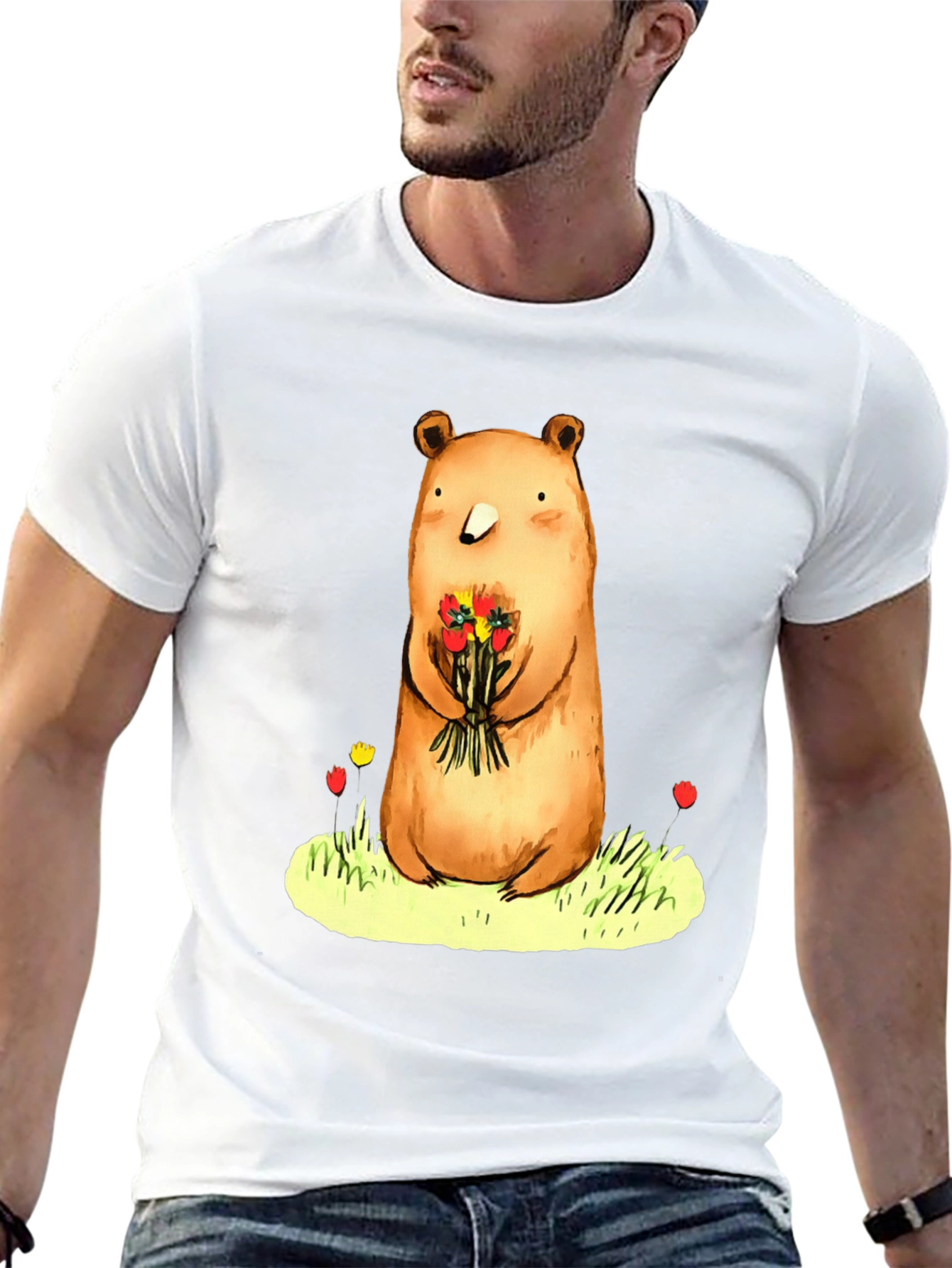 Bear with Flowers Graphic Tee - Soft Cotton Blend
