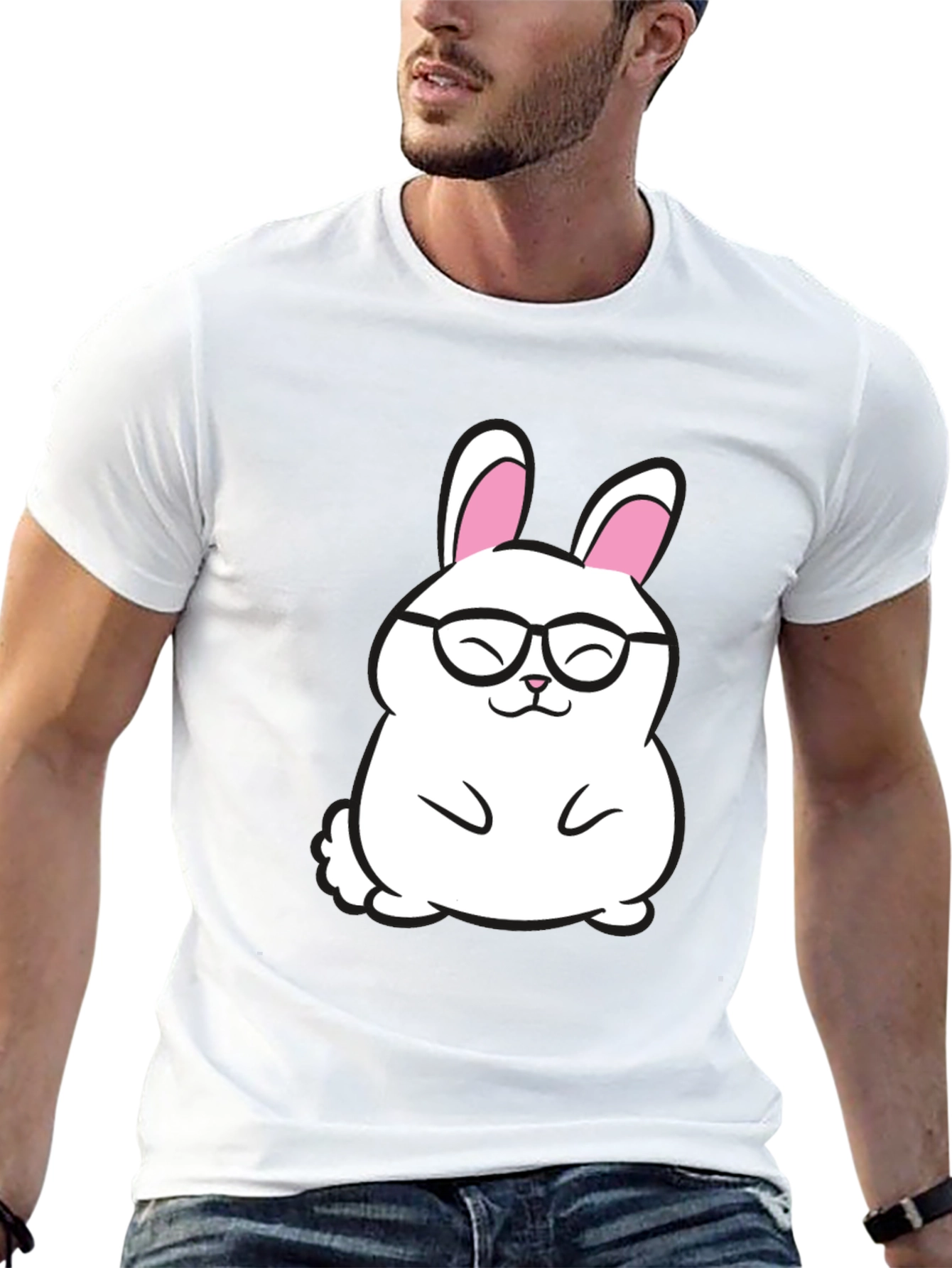 Cute Bunny in Glasses Graphic Tee - Black