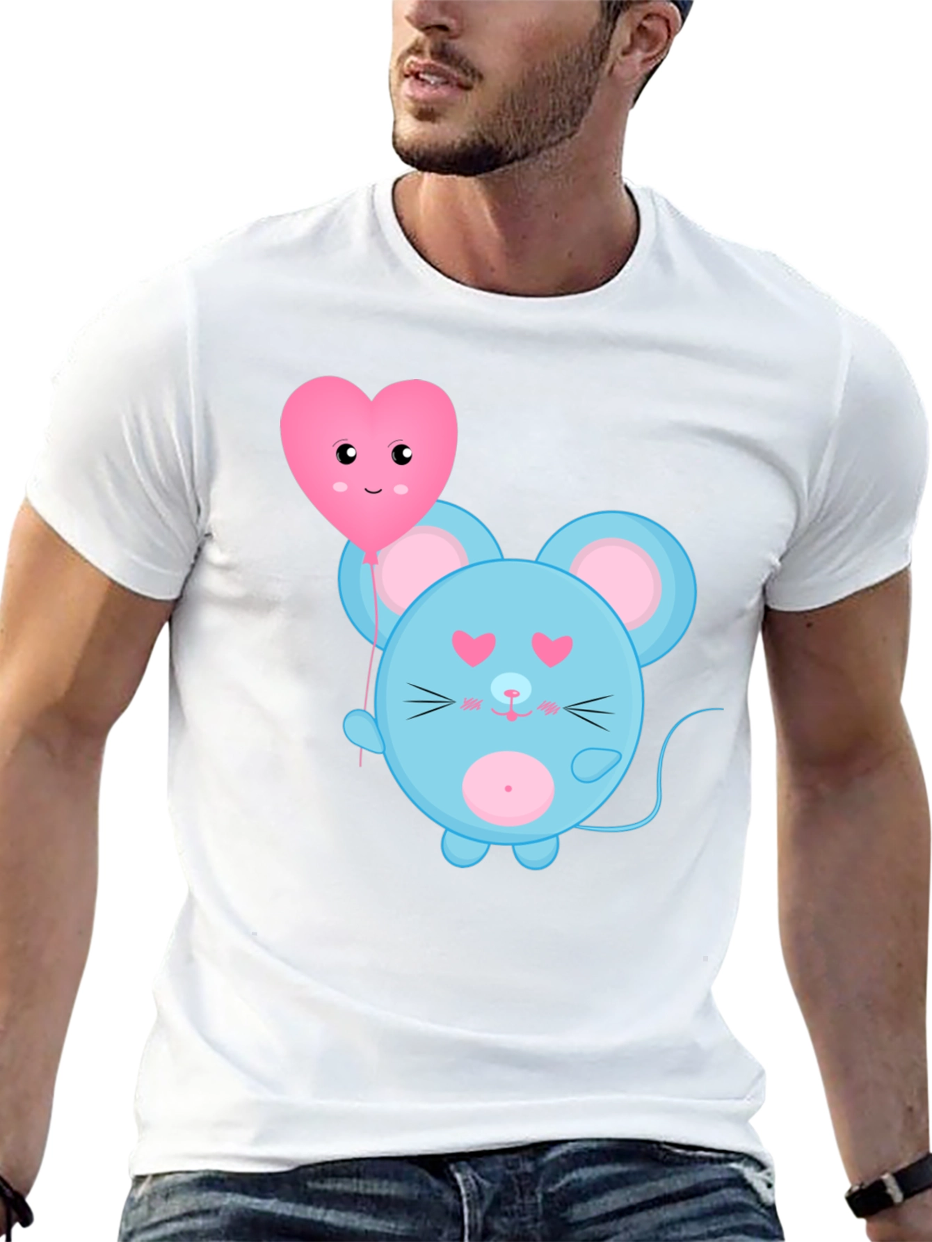 Cute Cartoon Mouse with Heart Balloon Graphic Tee
