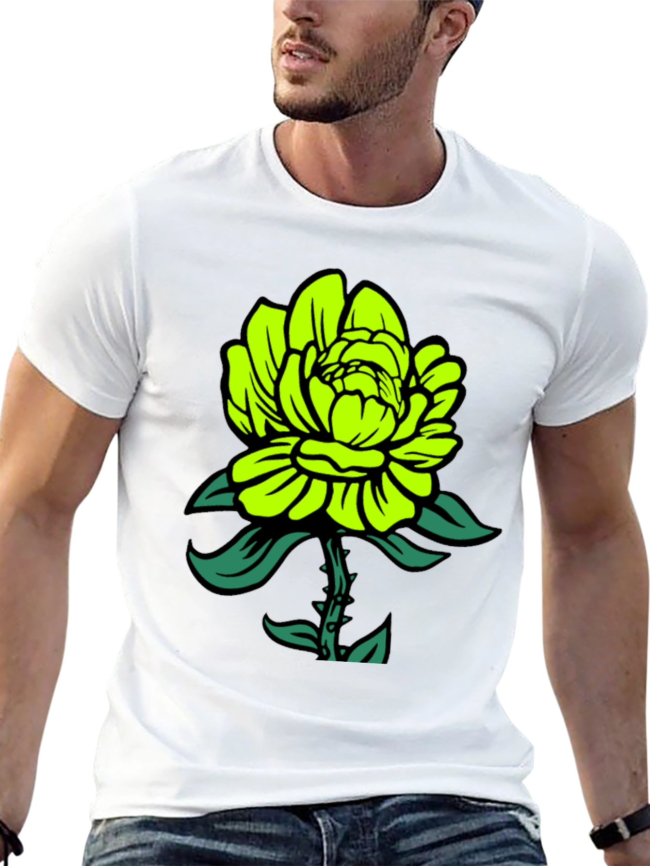 Neon Green Flower Graphic Black T-Shirt