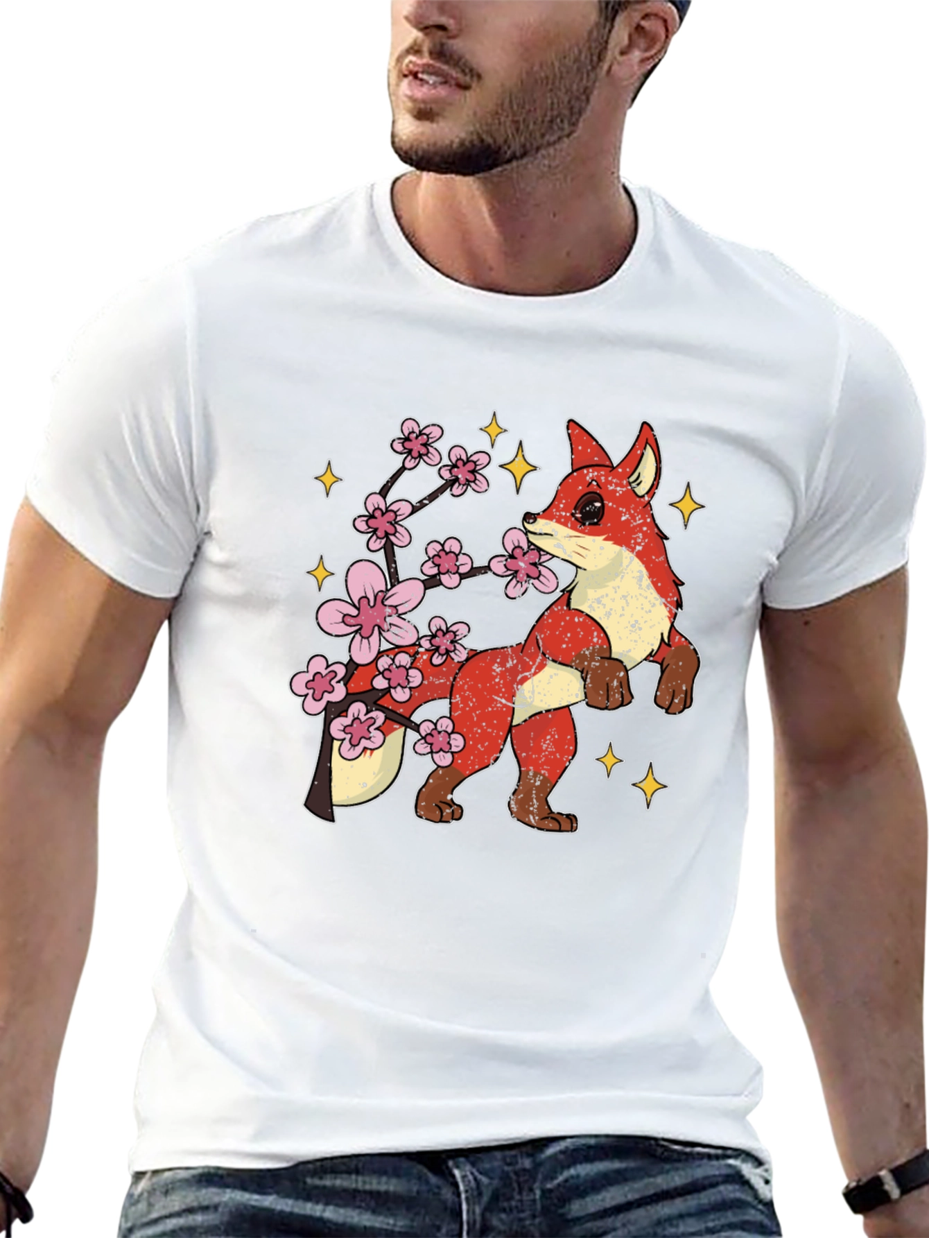 Fox and Cherry Blossom Graphic Tee - Black