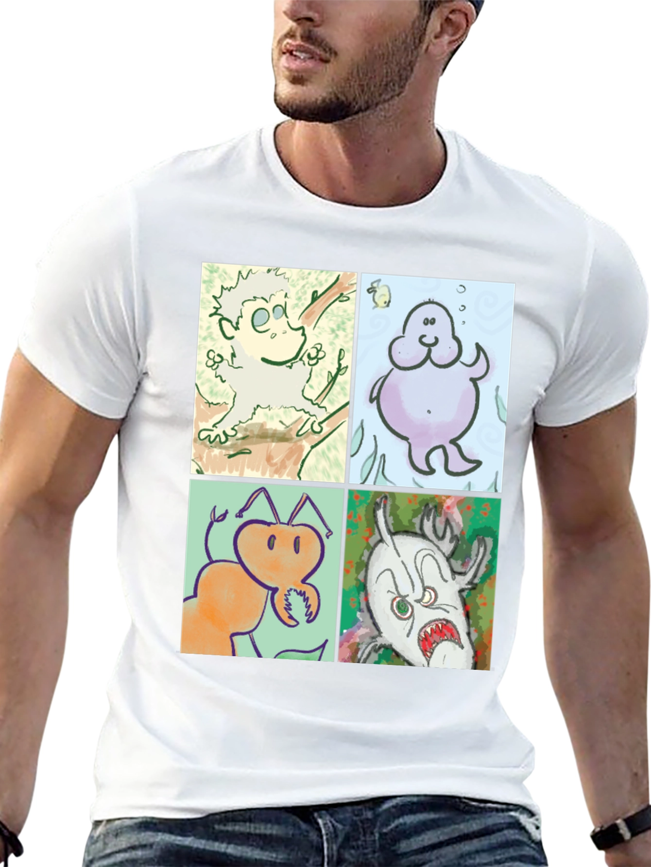 Cartoon Character Print Black Cotton T-Shirt