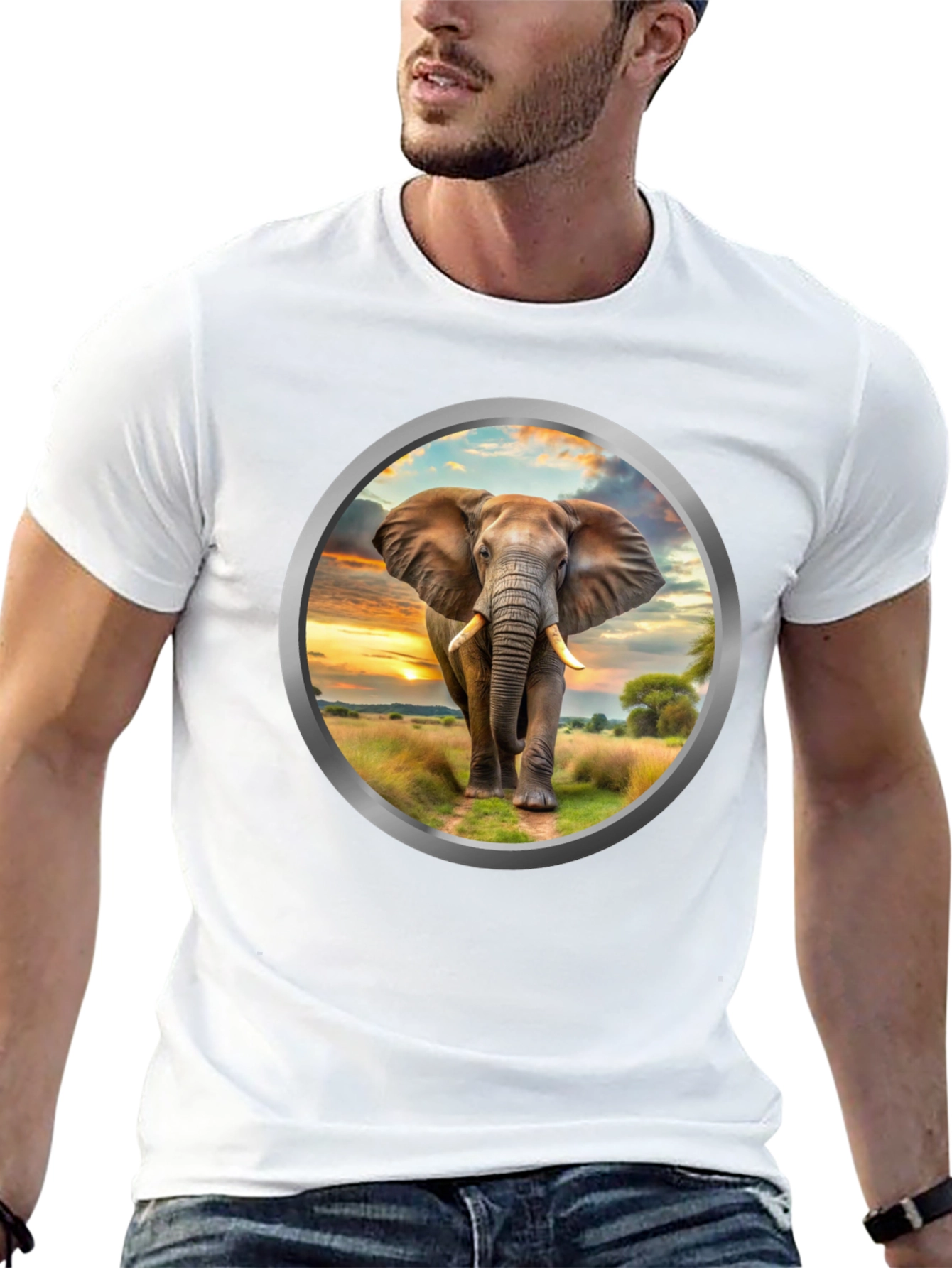 Elephant Sunset Graphic Tee - Black Cotton Blend