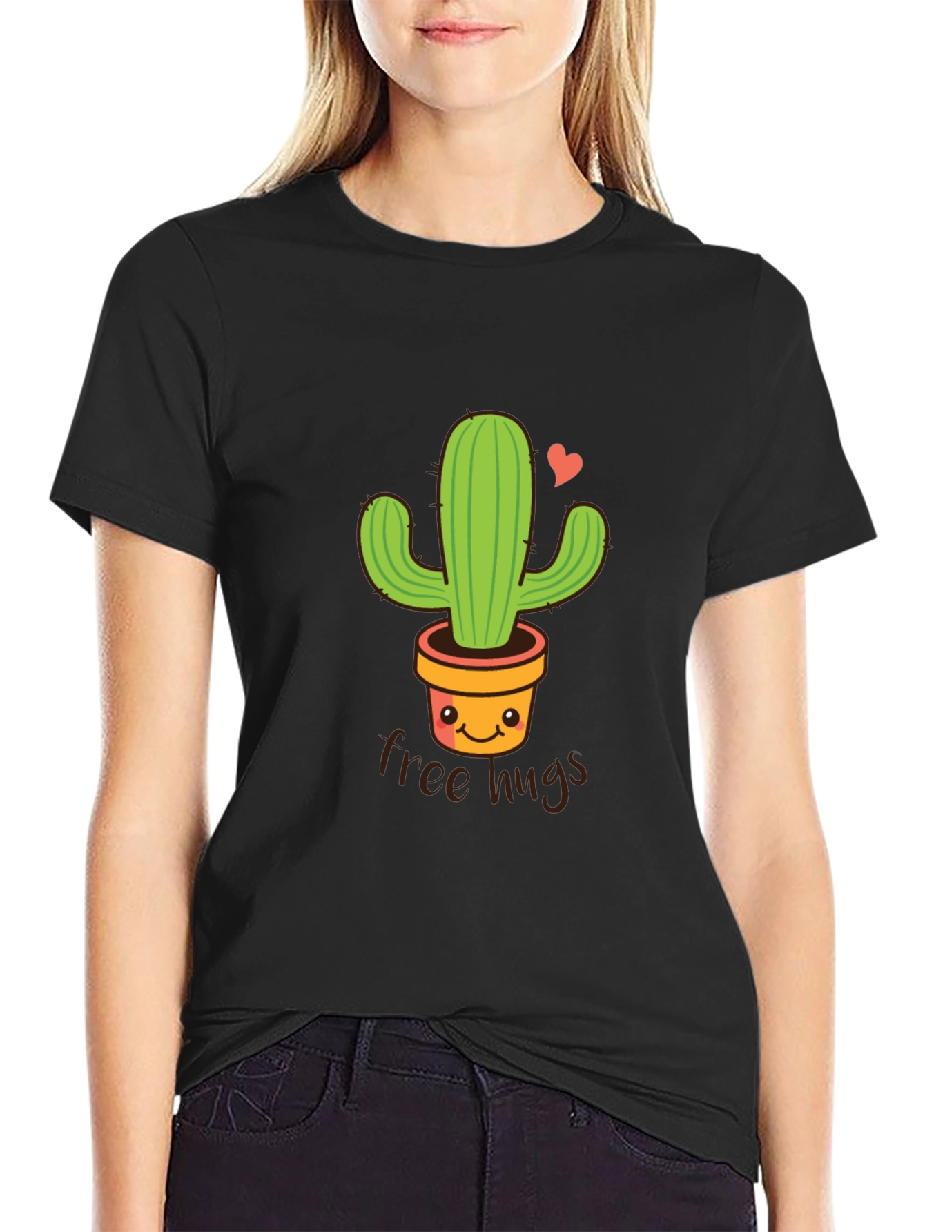 Cactus Free Hugs Graphic Tee - Black Cotton T-Shirt