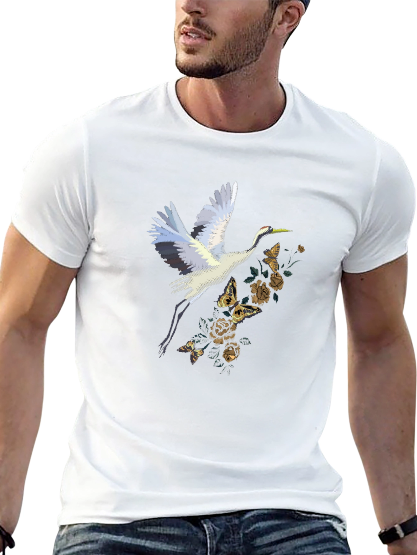 Crane and Floral Black T-Shirt