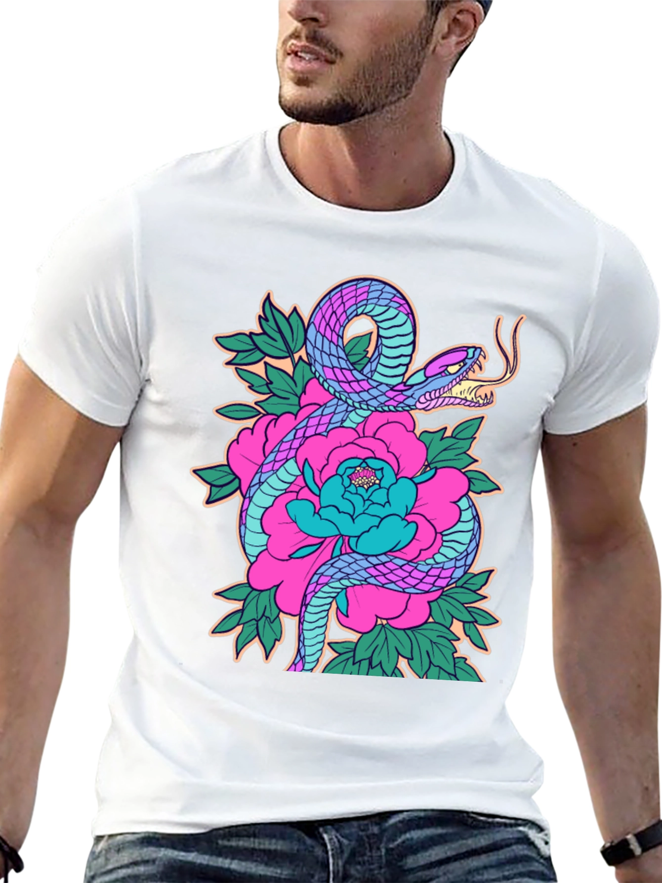 Snake and Floral Graphic Print Tee