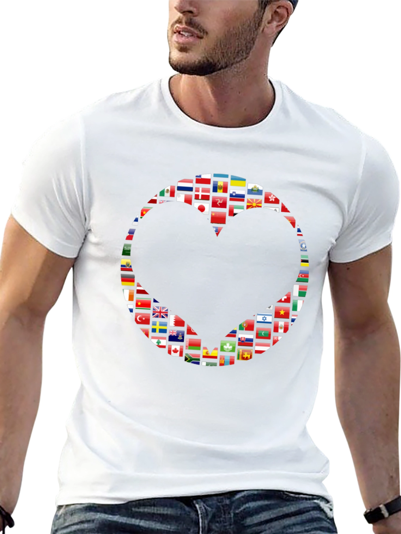 World Flags Heart Graphic Black T-Shirt