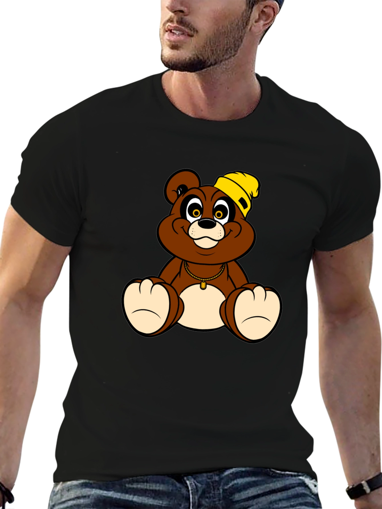 Cartoon Bear Graphic T-Shirt - Black