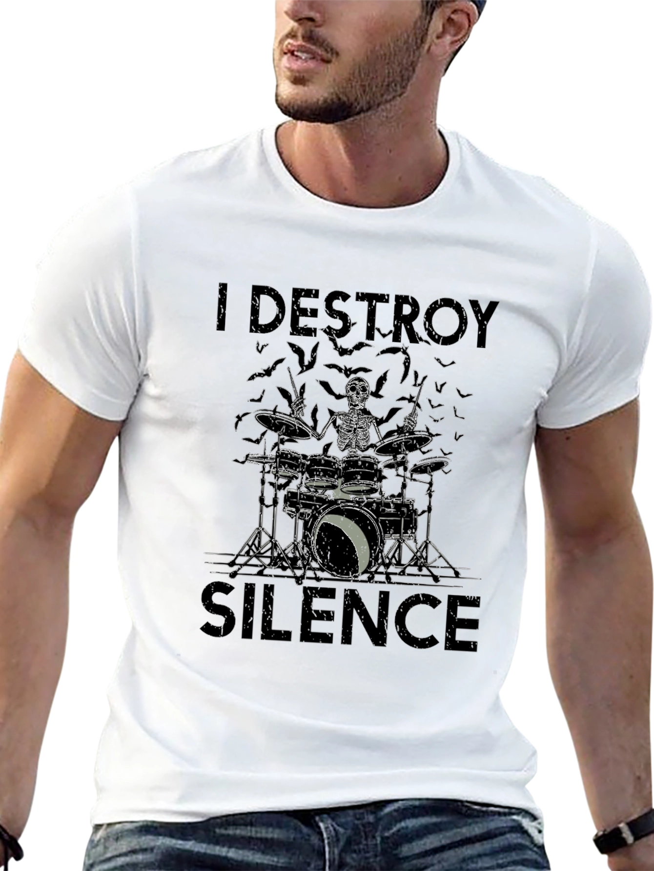 I Destroy Silence Skeleton Drummer Black T-Shirt