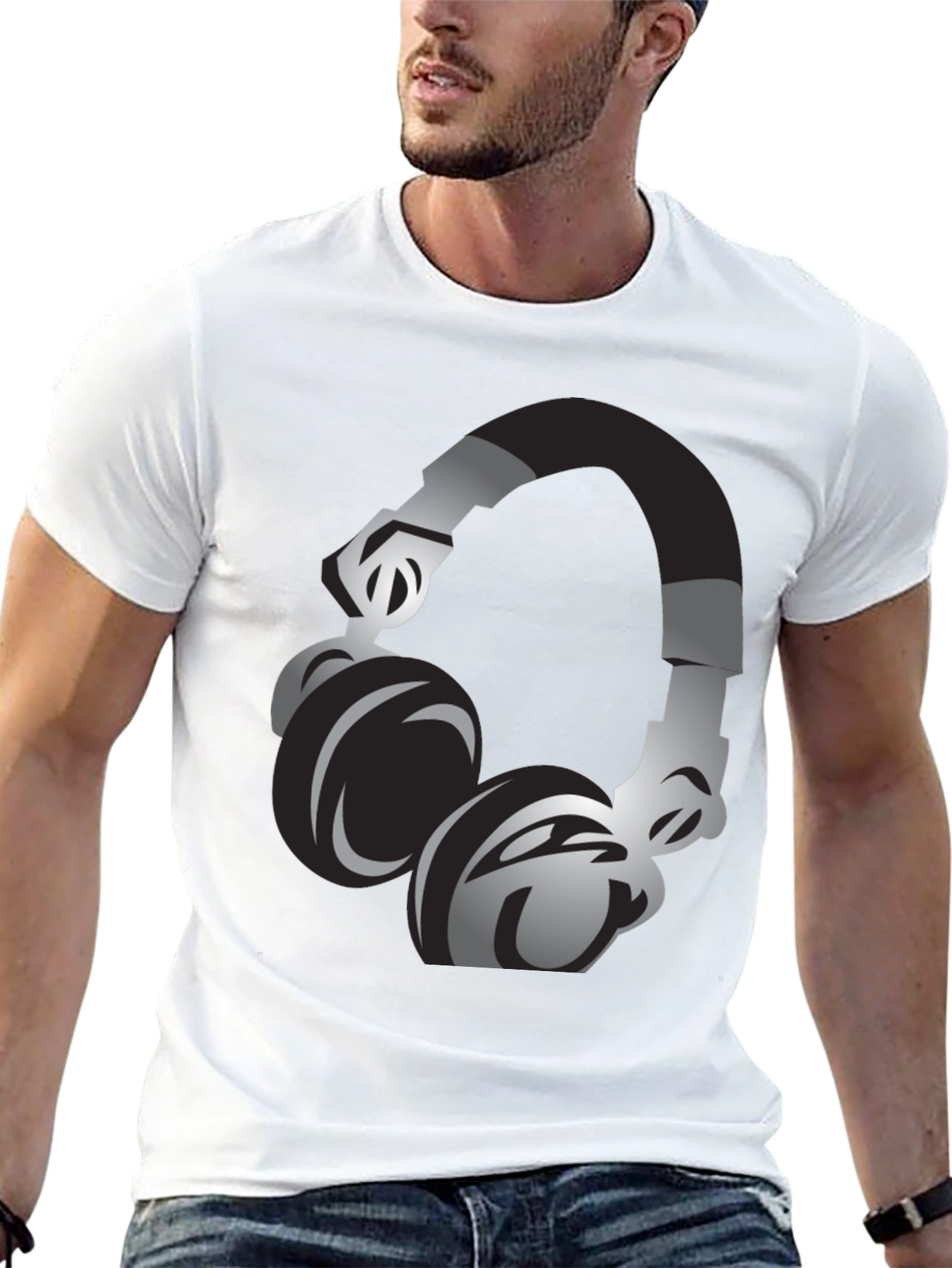 Black T-Shirt with Headphones Graphic