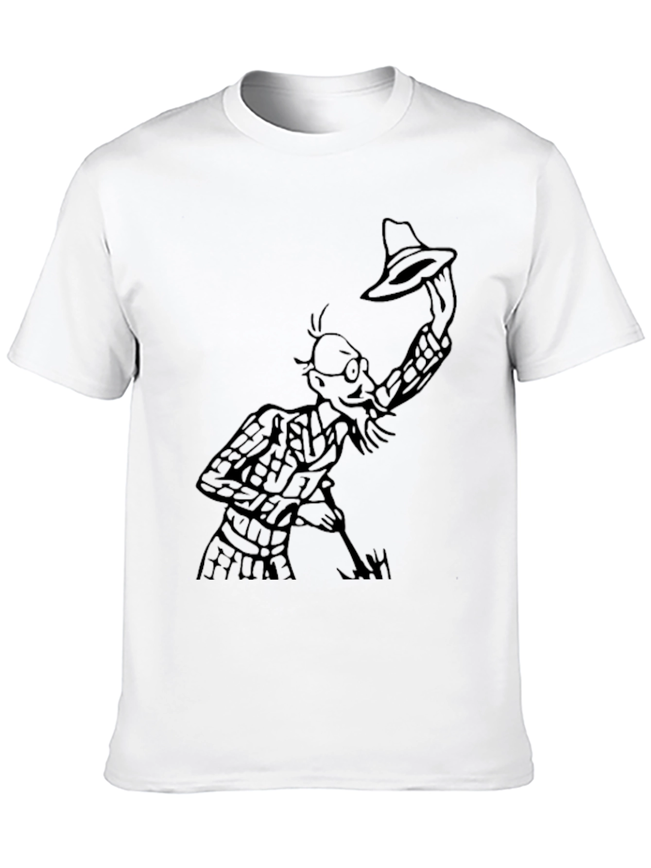 Black T-Shirt with Cartoon Man Holding Hat
