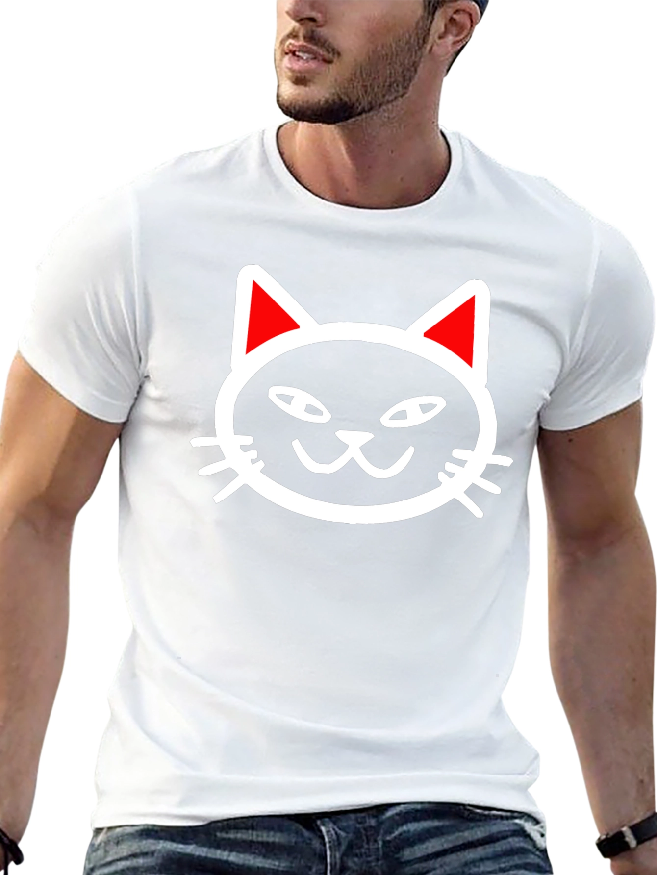 Cool Cat Face Graphic Tee - Black Cotton T-Shirt