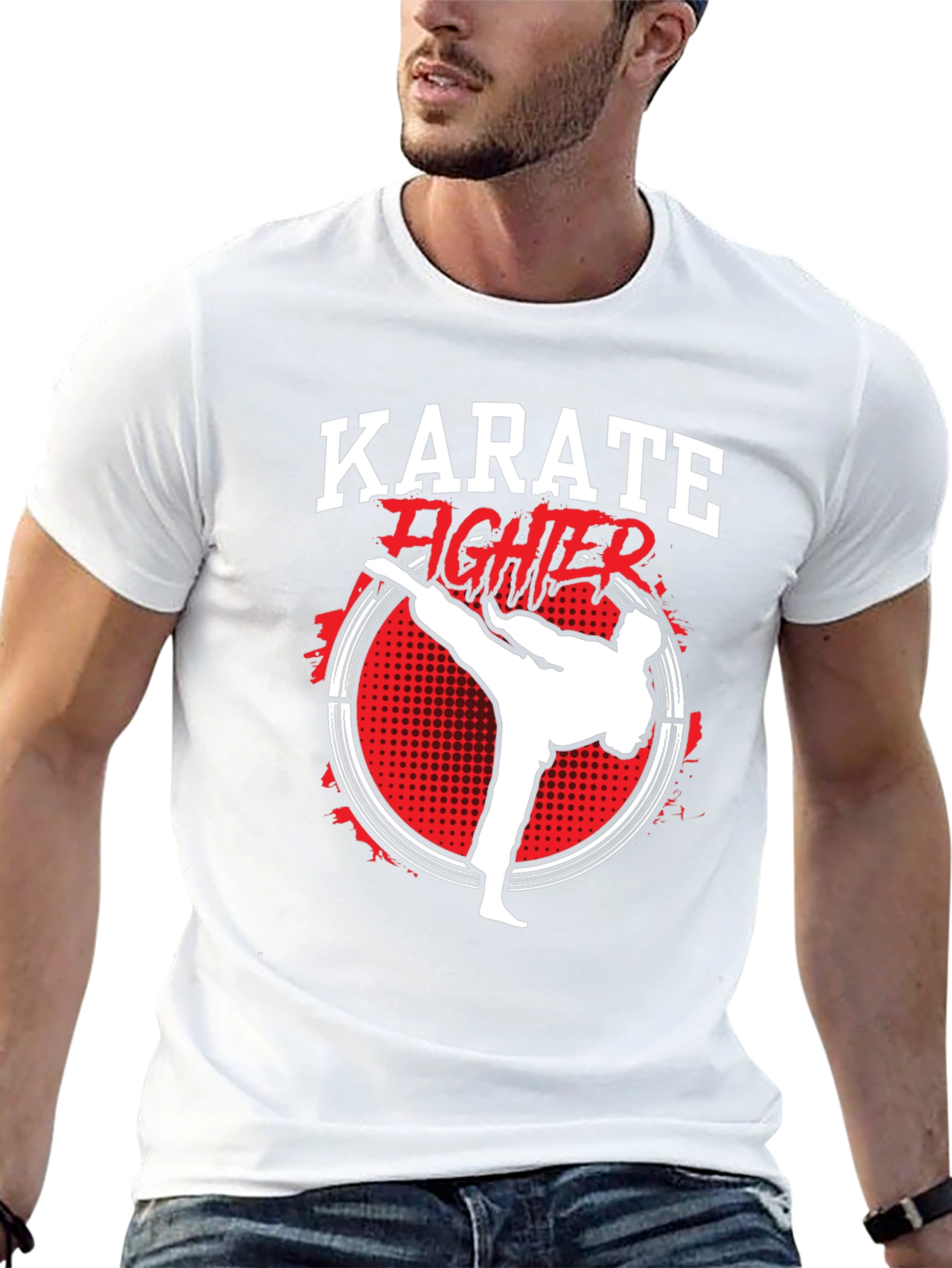 Karate Fighter Graphic Print Crew Neck T-Shirt