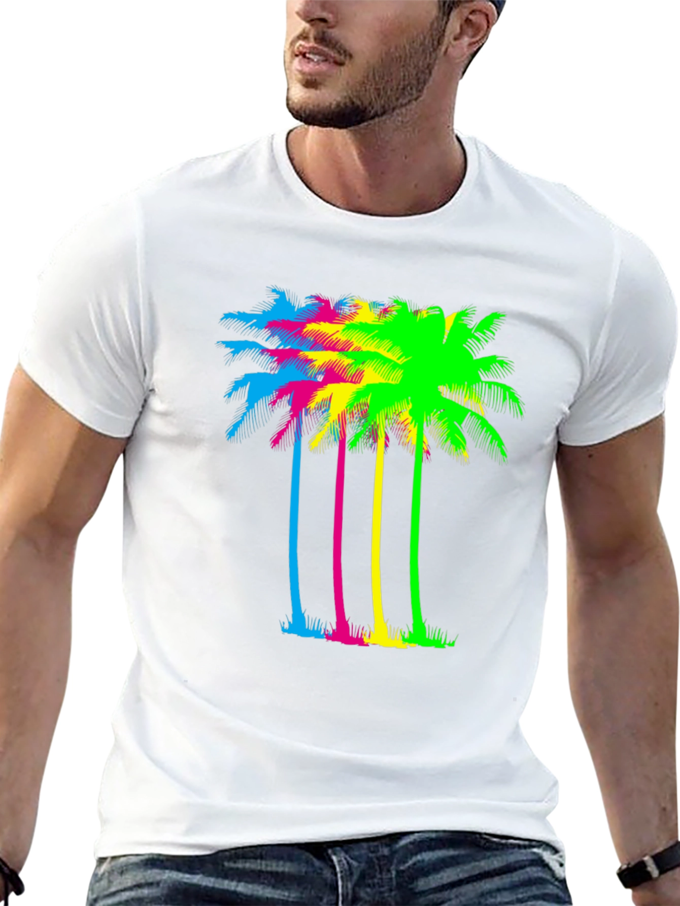 Vibrant Palm Tree Graphic Tee - Black Cotton Blend