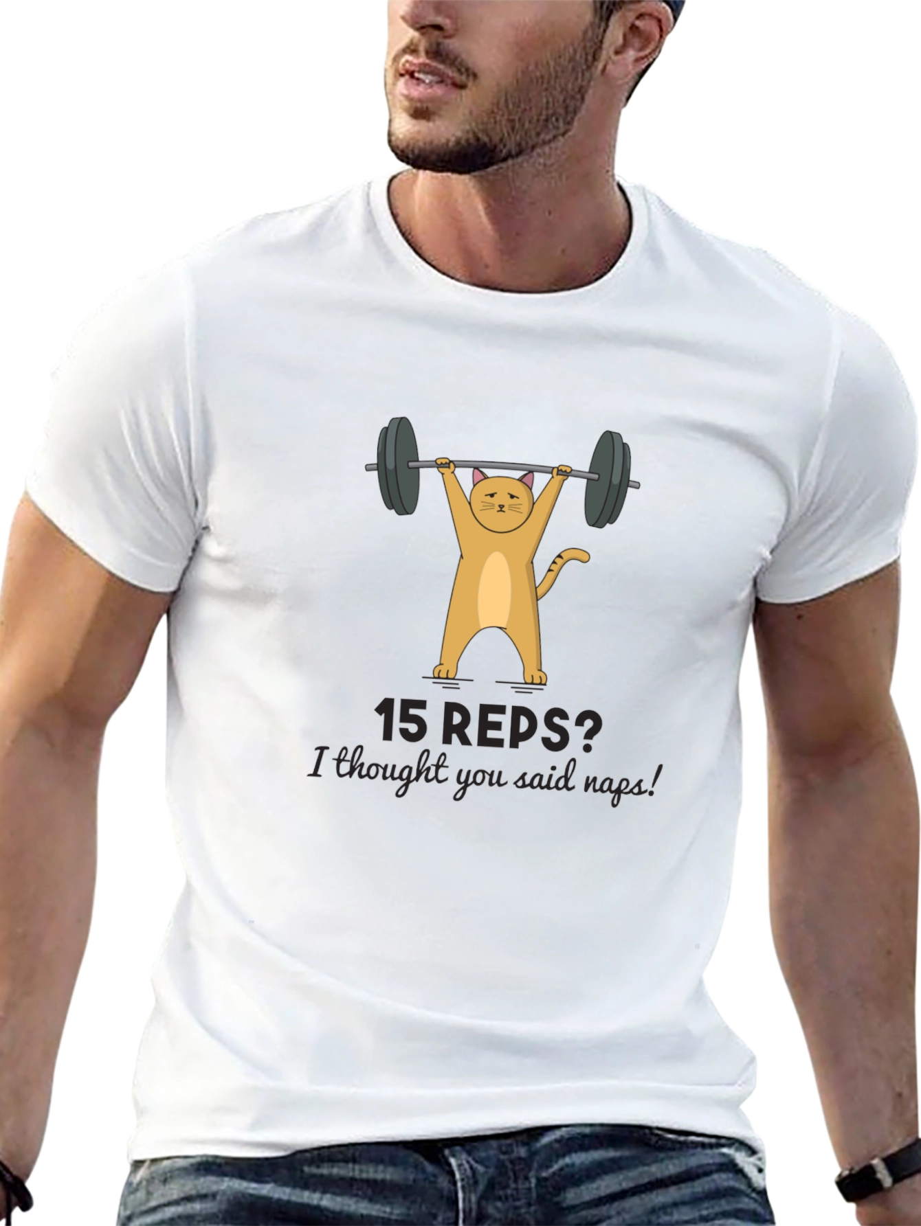 Funny Cat Lifting Weights T-Shirt - 15 Reps?