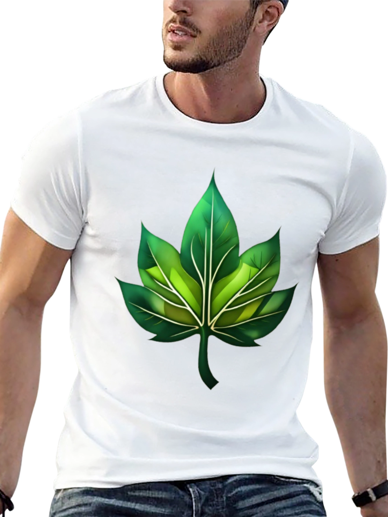 Green Leaf Graphic Black T-Shirt
