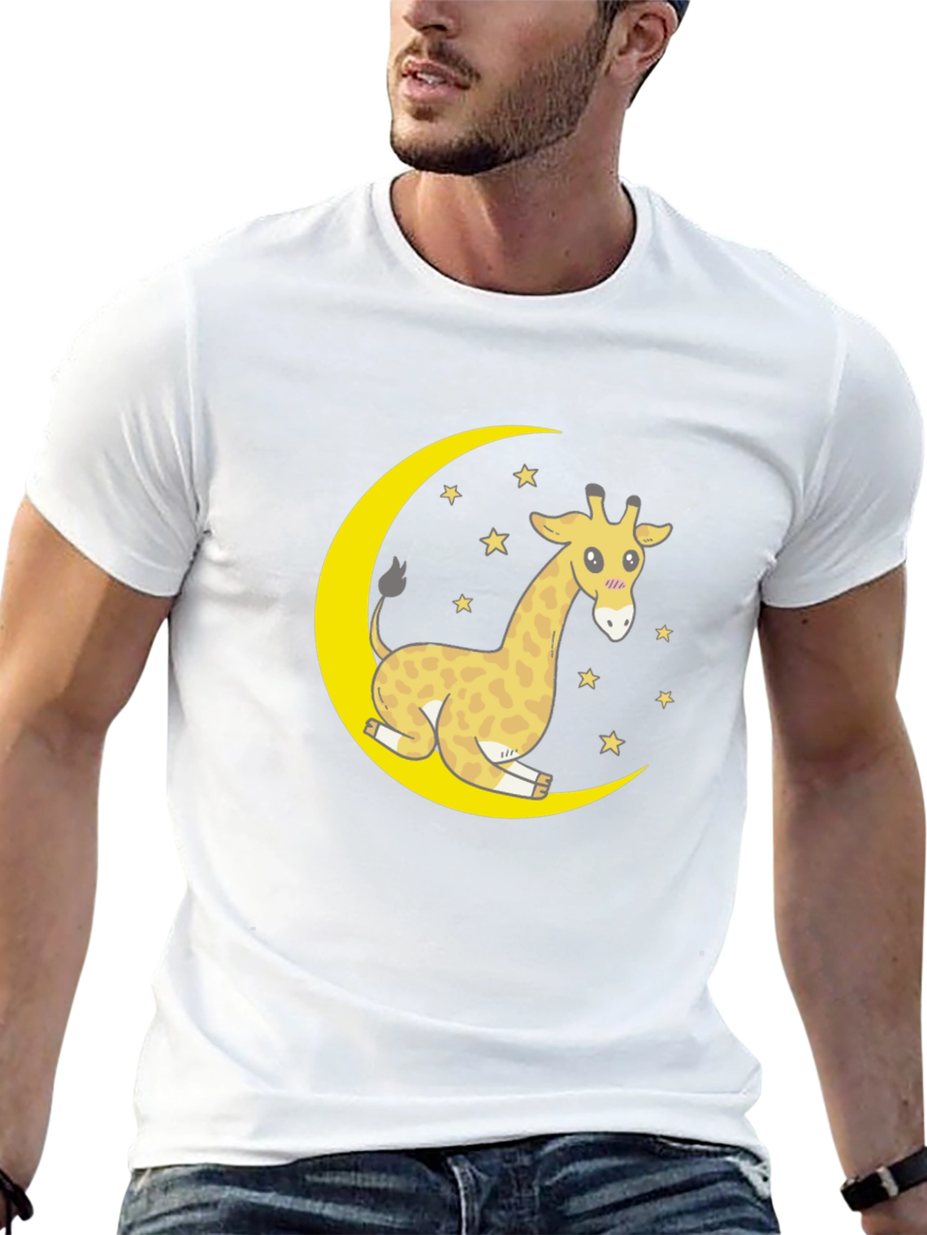 Cute Giraffe on Moon Graphic T-Shirt - Black