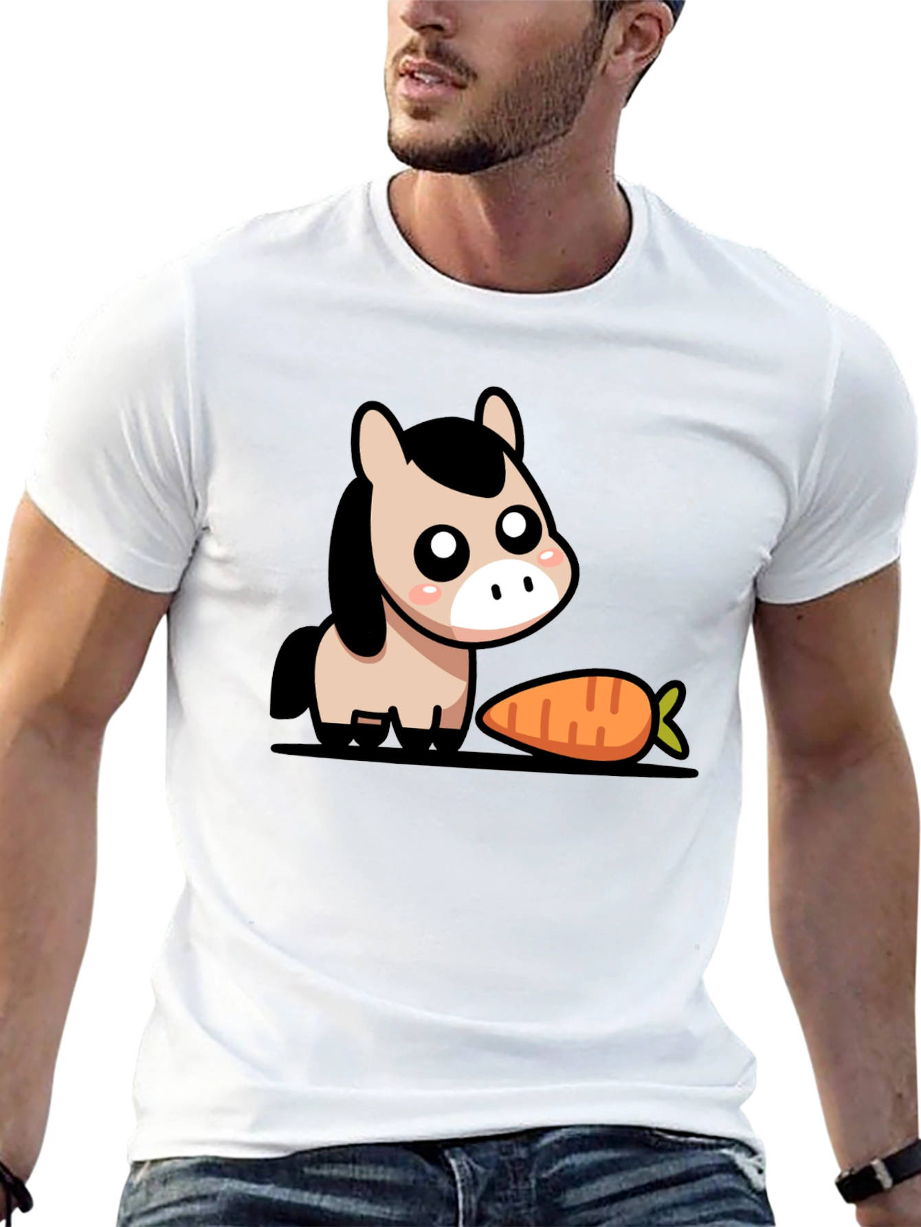 Cute Cartoon Horse with Carrot Black T-Shirt