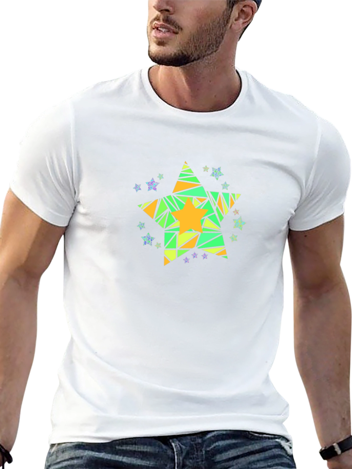 Geometric Star Graphic Tee - Mens Black Cotton T-Shirt